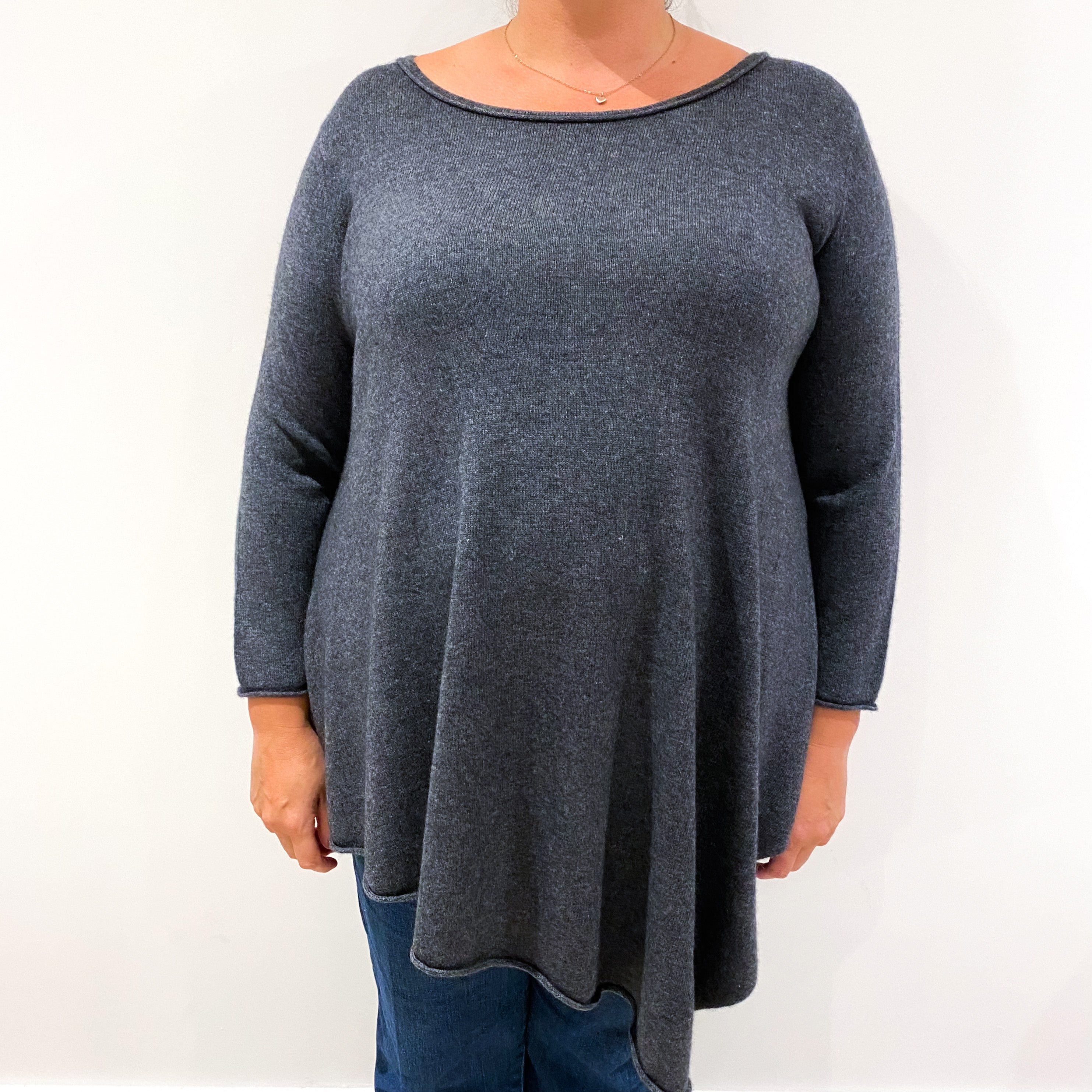 Slate Grey Asymmetric Cashmere Crew Neck Tunic Jumper Extra Large