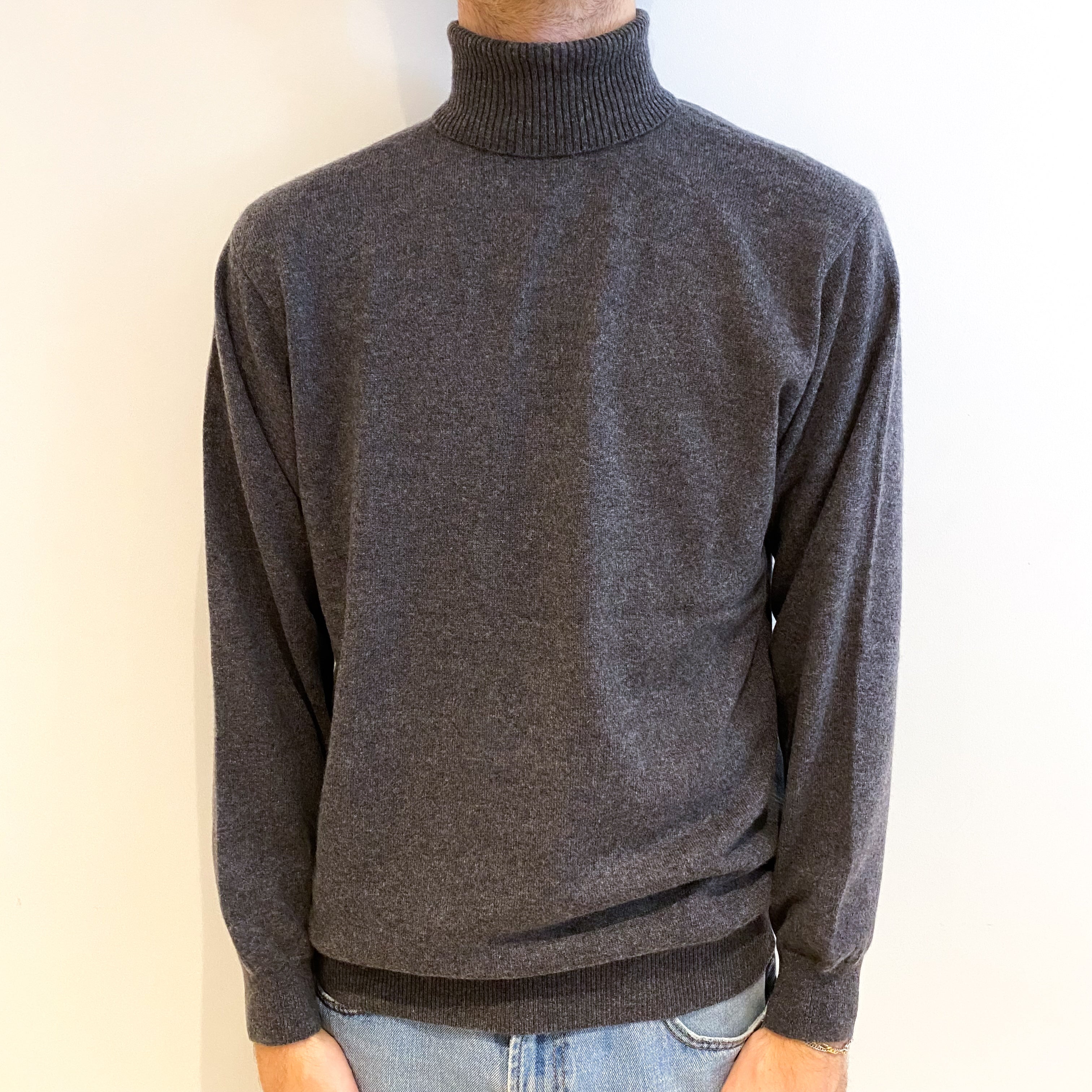 Men's Slate Grey Cashmere Polo Neck Jumper Large