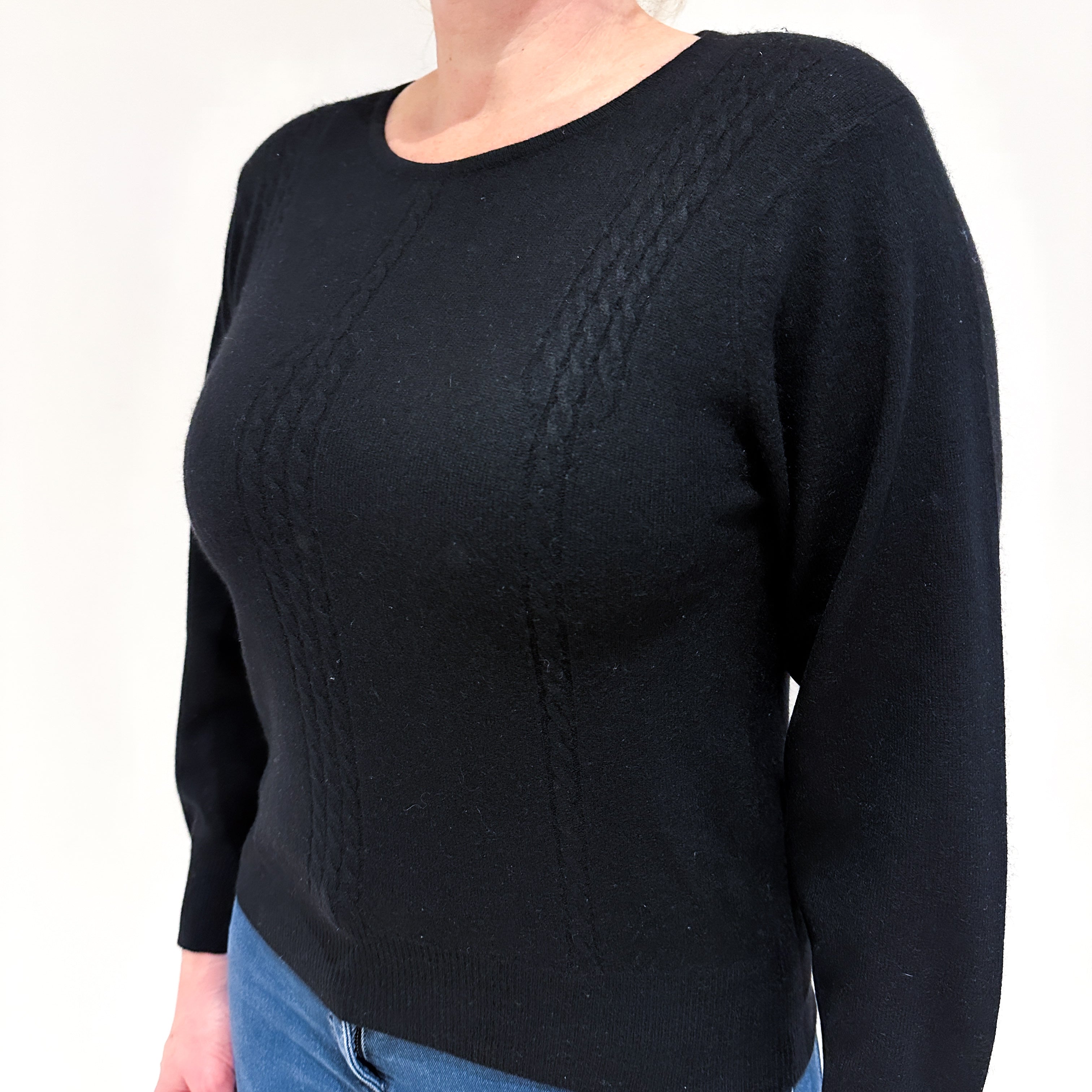 Black Cable Detail Cashmere Crew Neck Jumper Large