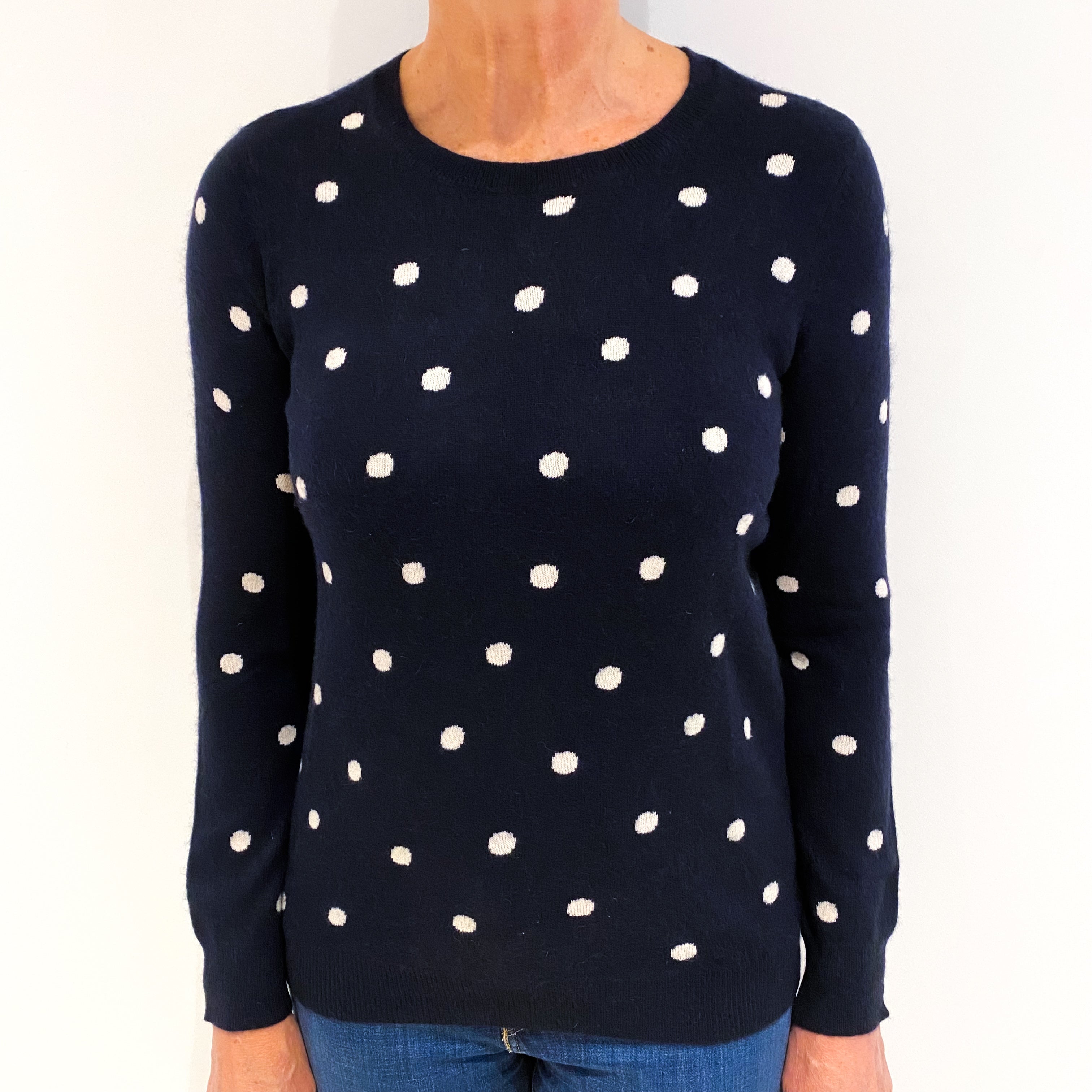 Navy Blue and Winter White Polka Dot Cashmere Crew Neck Jumper Medium