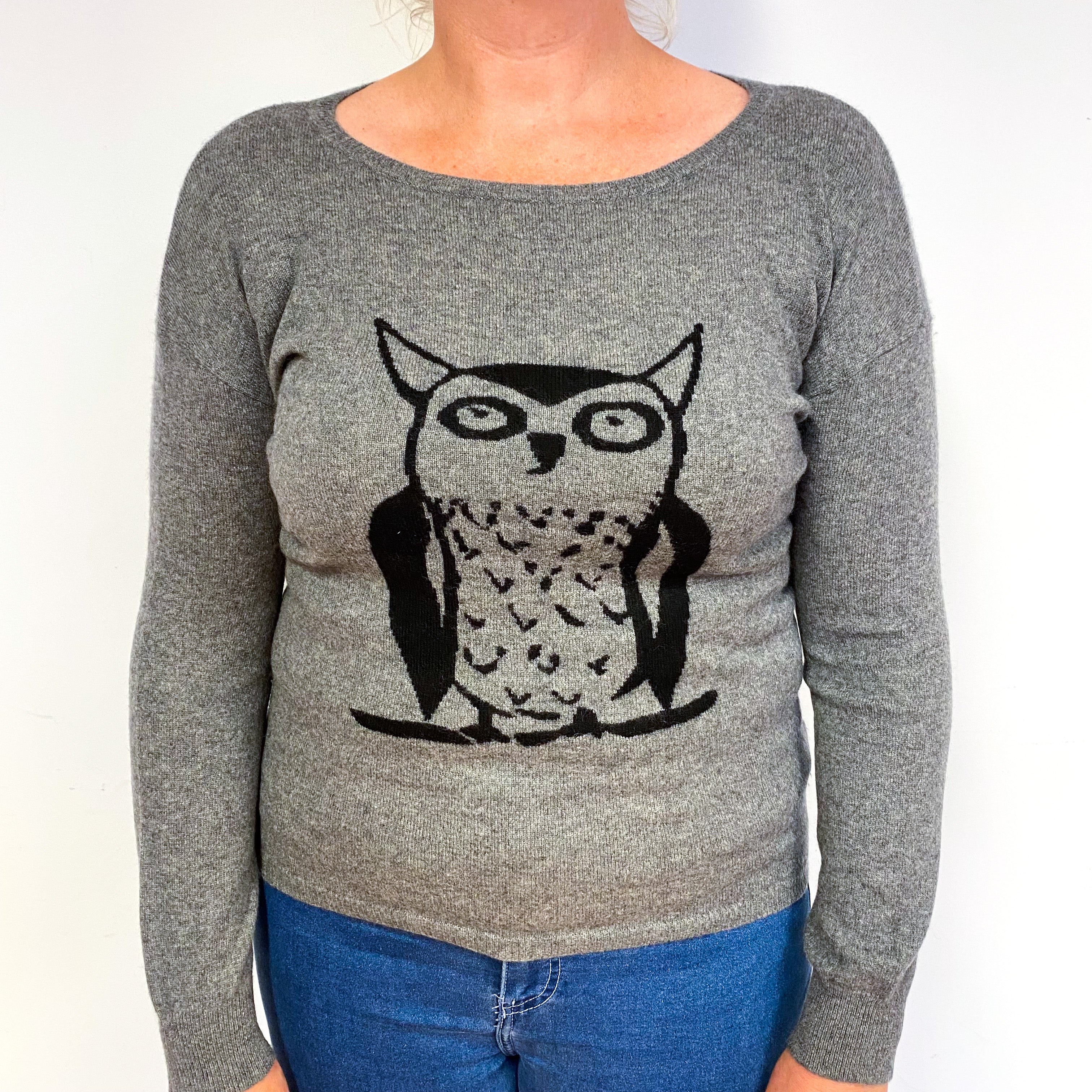 Steel Grey Owl Motif Cashmere Crew Neck Jumper Large