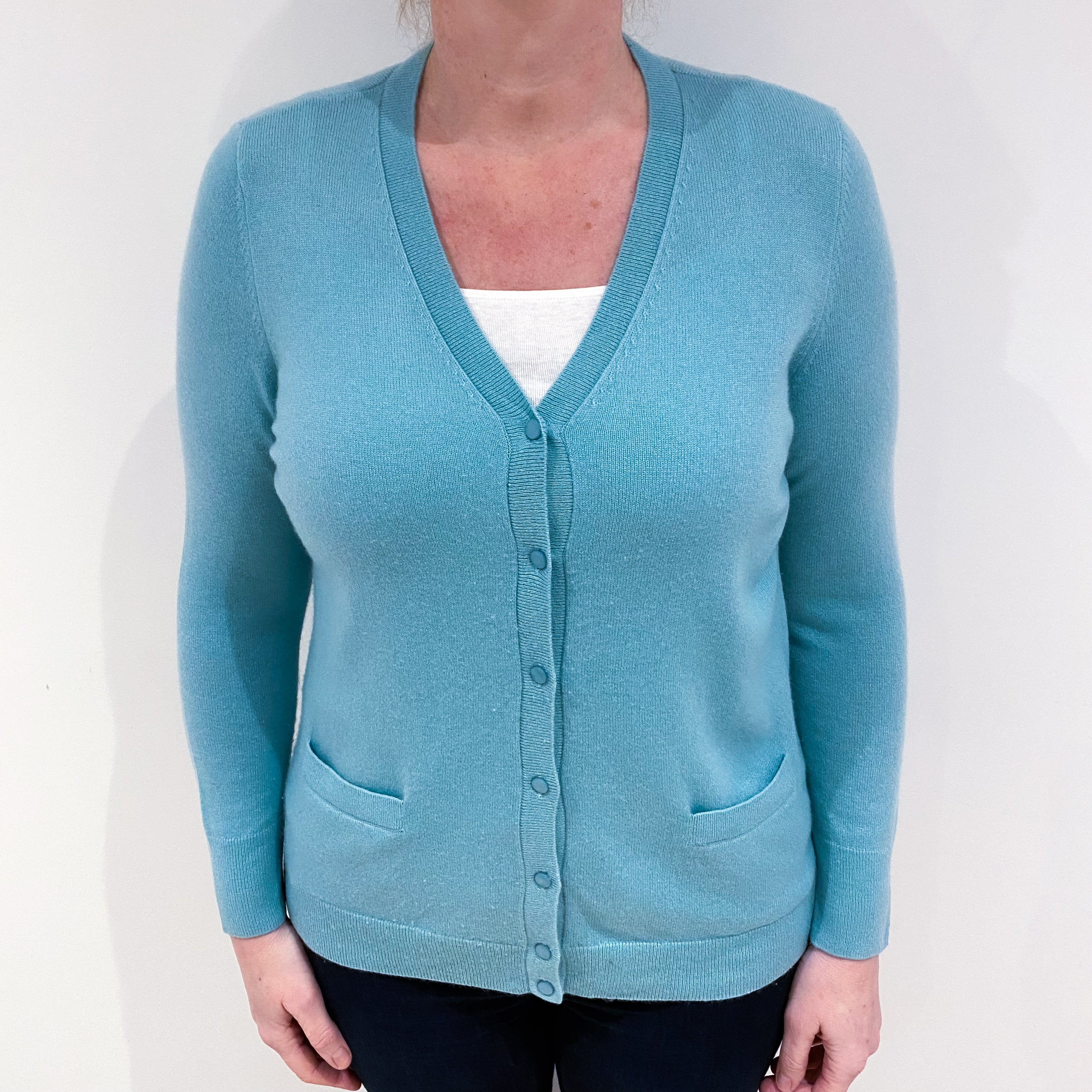 Deep Mint Green Cashmere V Neck Cardigan with Pockets Large