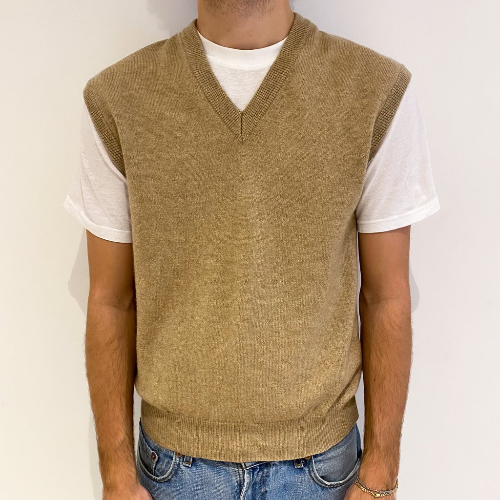 Men's Sand Beige Cashmere V Neck Tank Top Large
