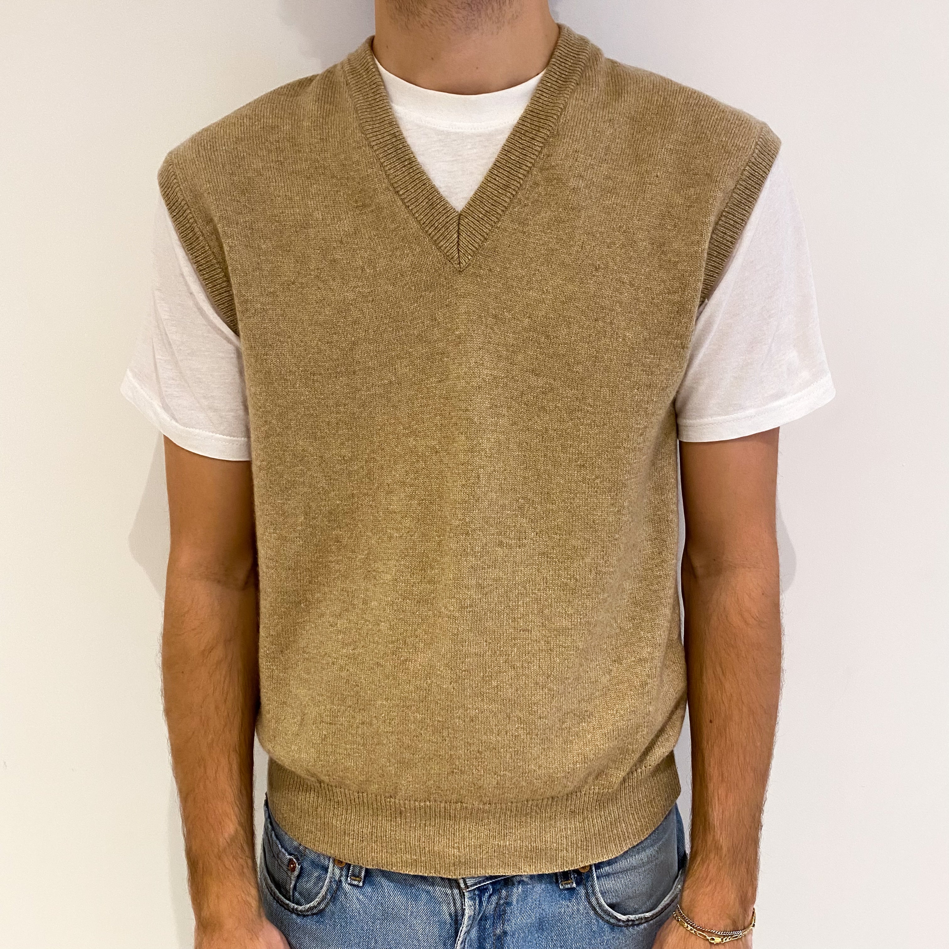 Men's Sand Beige Cashmere V Neck Tank Top Large