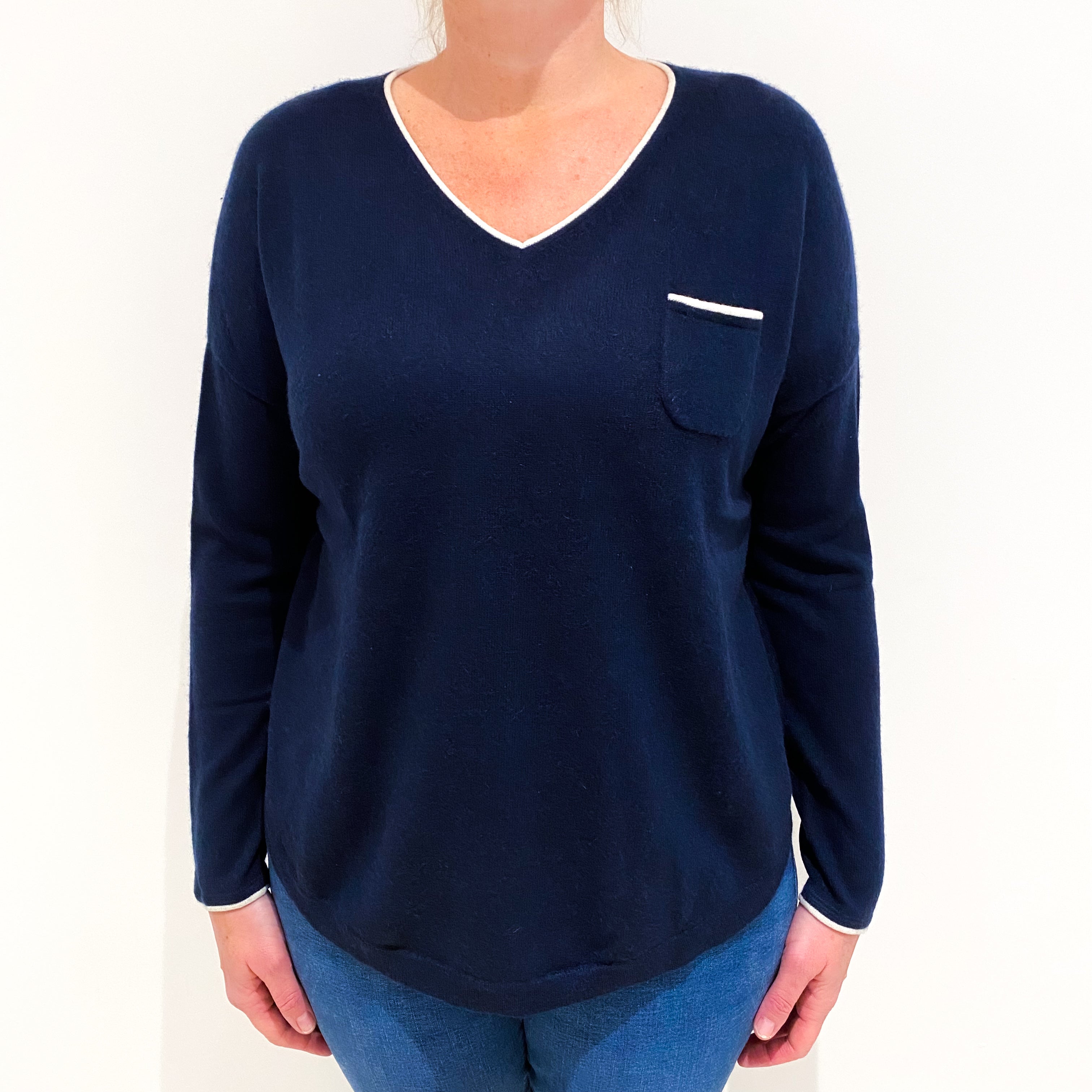 Navy Blue Slouchy Cashmere V-Neck Jumper Large