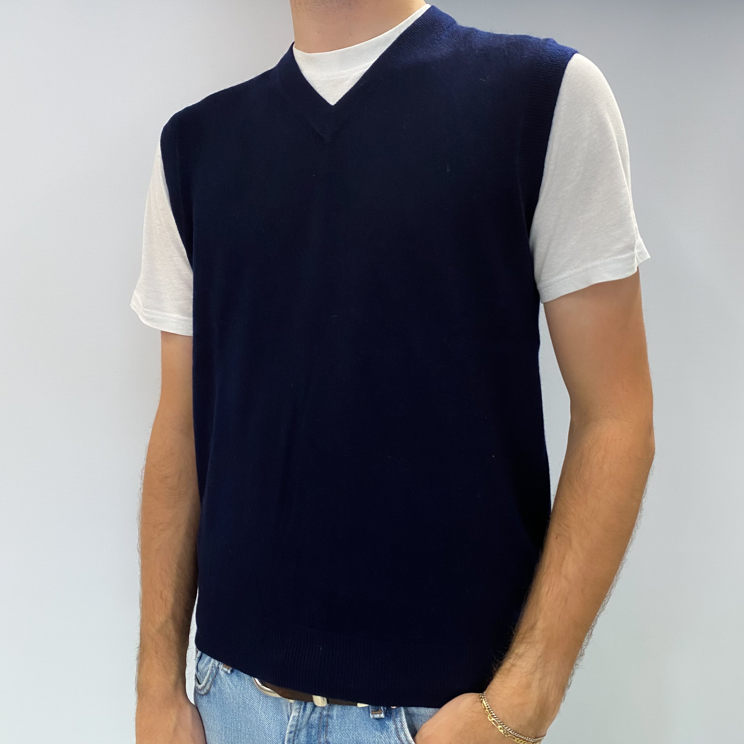 Men's Navy Blue Cashmere Sleeveless V Neck Jumper Large