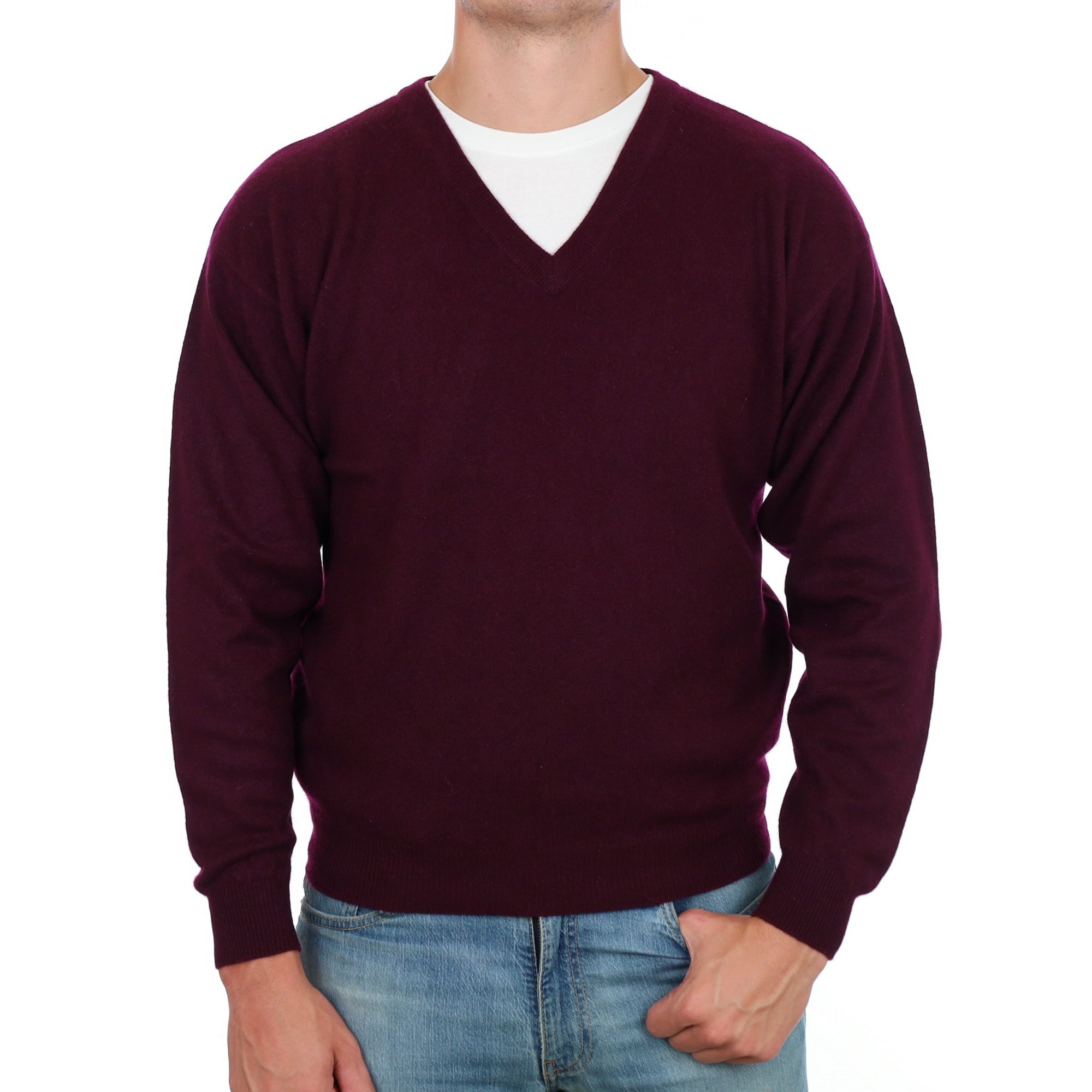 Men's Mulberry Purple Cashmere V Neck Jumper XL
