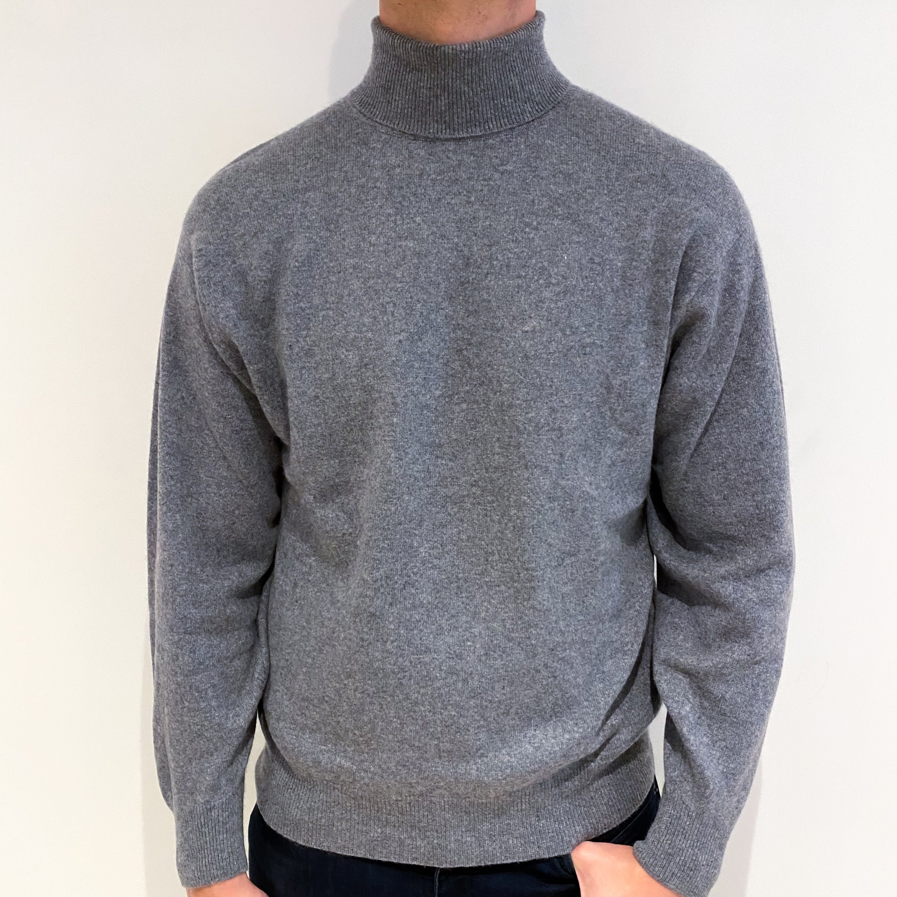 Men's Steel Grey Cashmere Polo Neck Jumper Extra Large