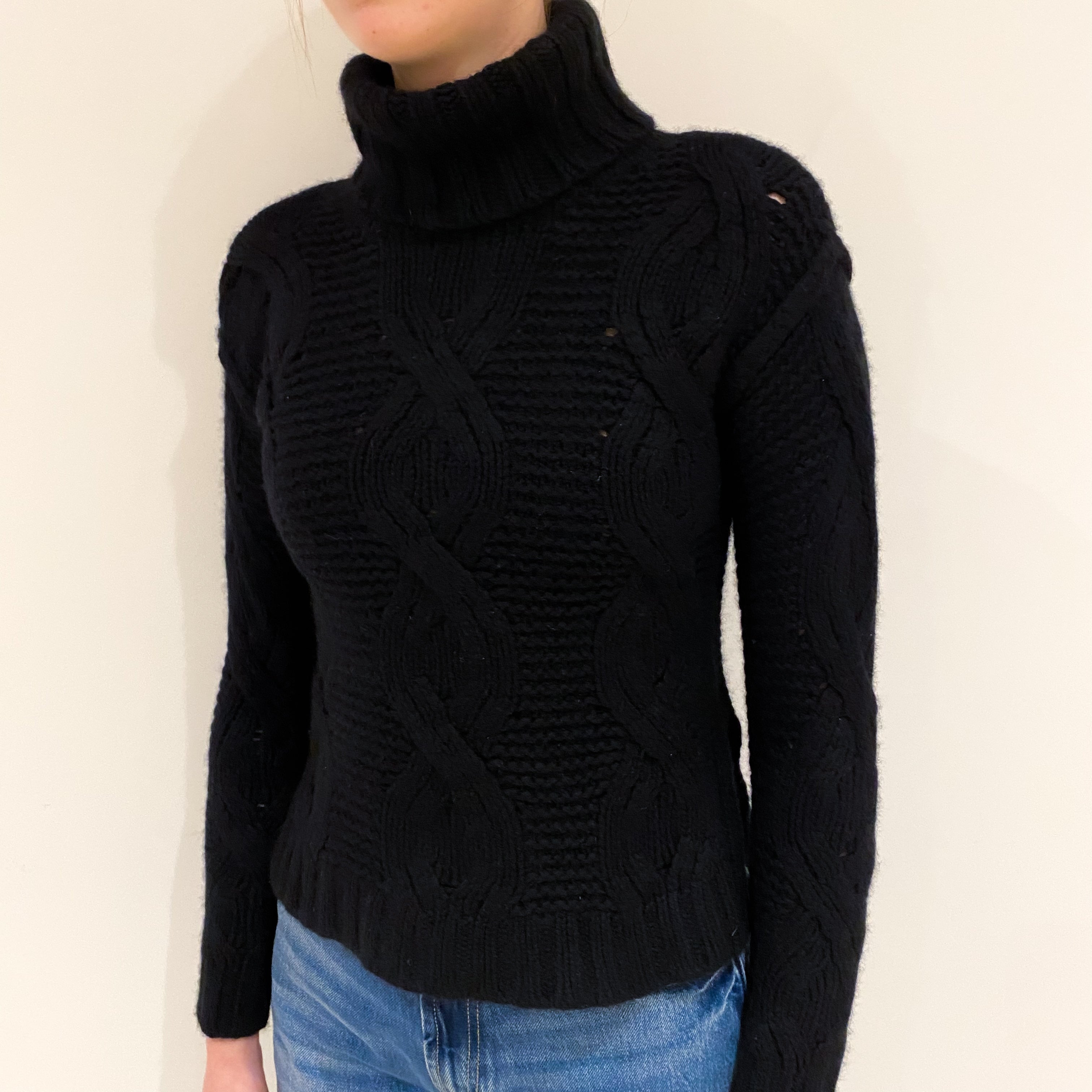 Black Chunky Cable Cashmere Polo Neck Jumper Extra Small