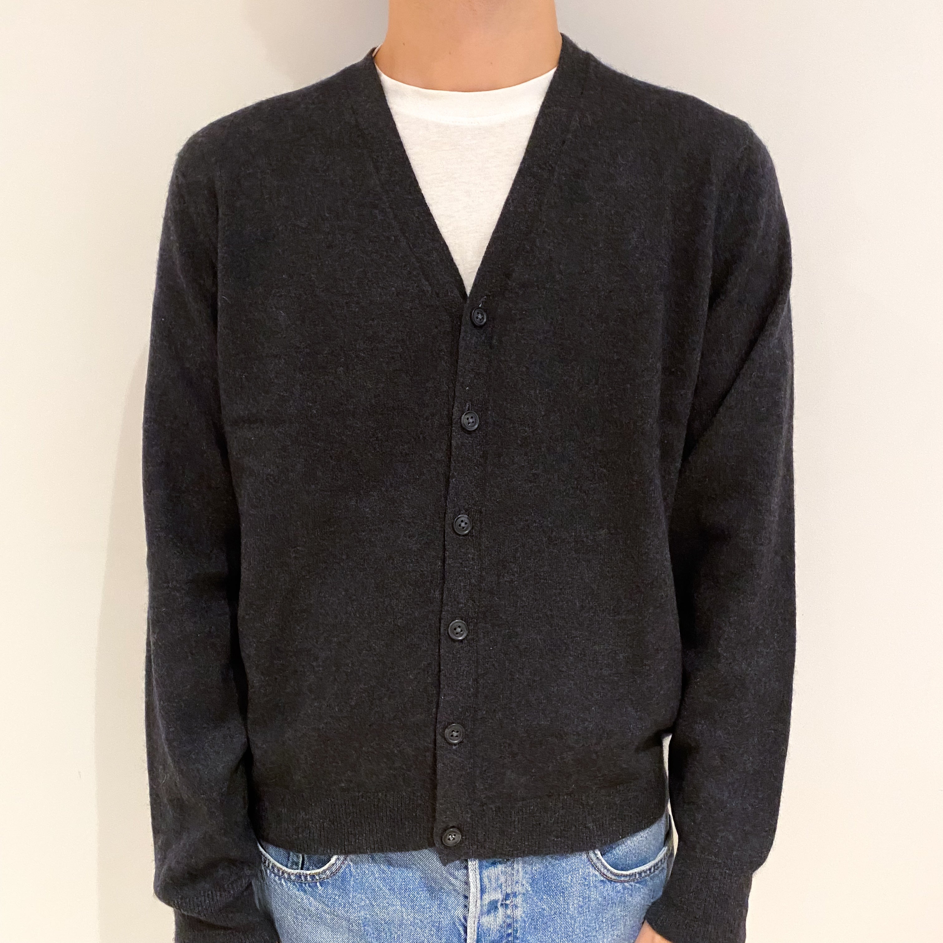 Men's Charcoal Grey Cashmere V Neck Cardigan Large