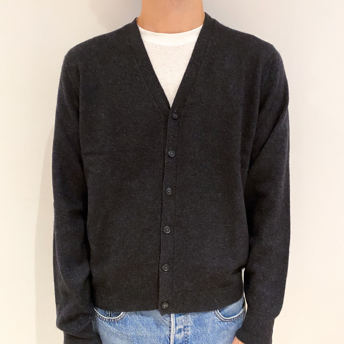 Men's Charcoal Grey Cashmere V Neck Cardigan Large