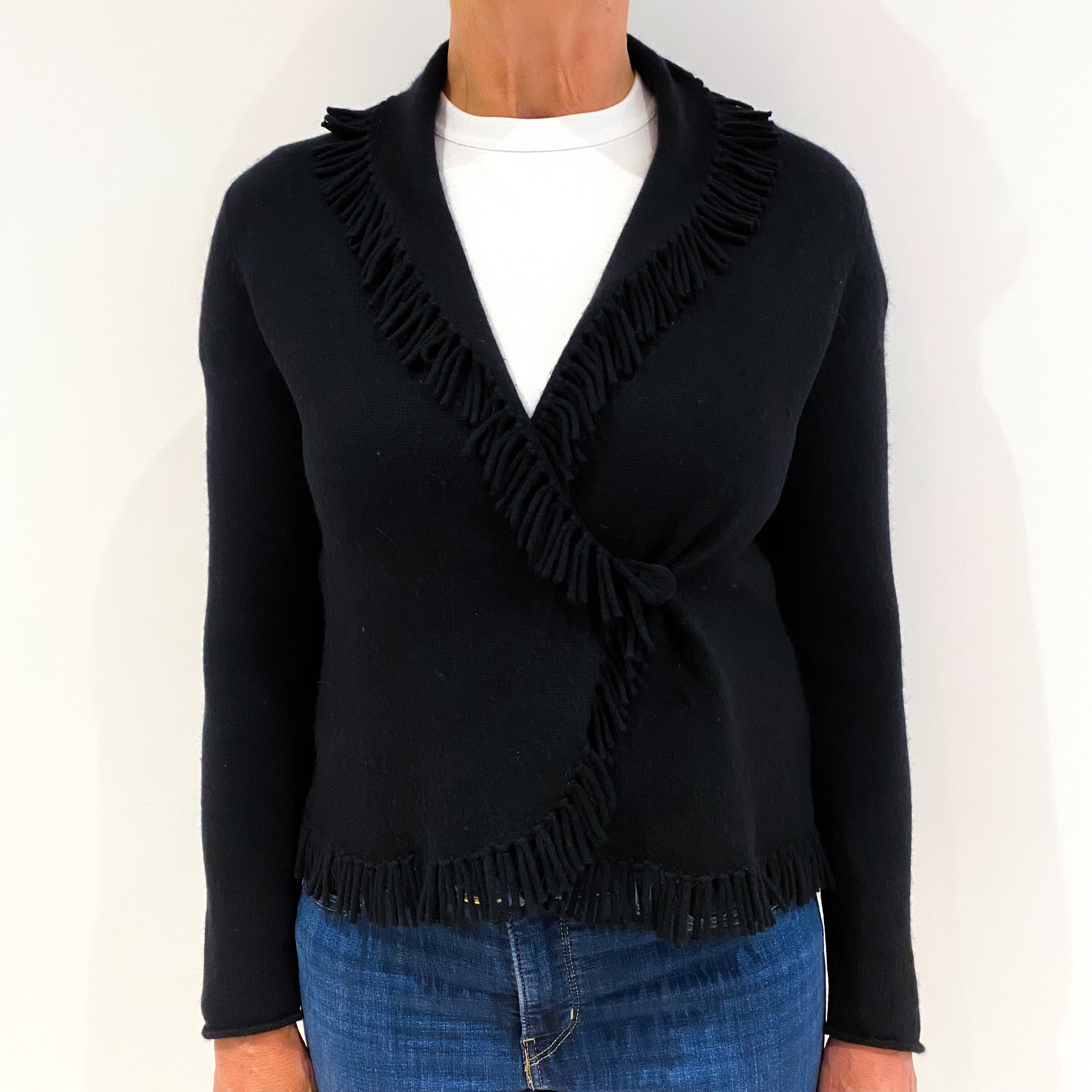 Black Cashmere Fringed Cross Over Cardigan Medium