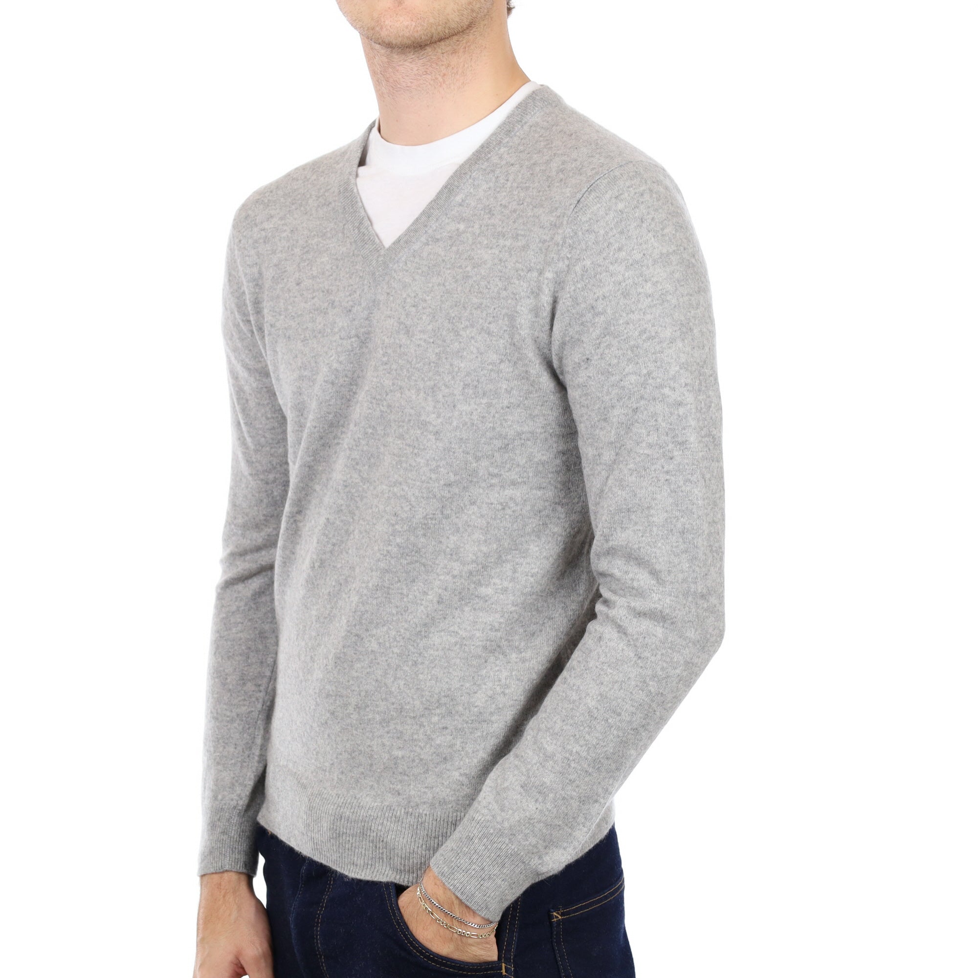 Men's Smoke Grey Cashmere V Neck Jumper Medium
