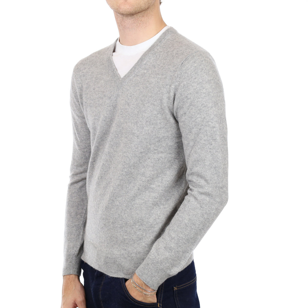 Men's Smoke Grey Cashmere V Neck Jumper Medium