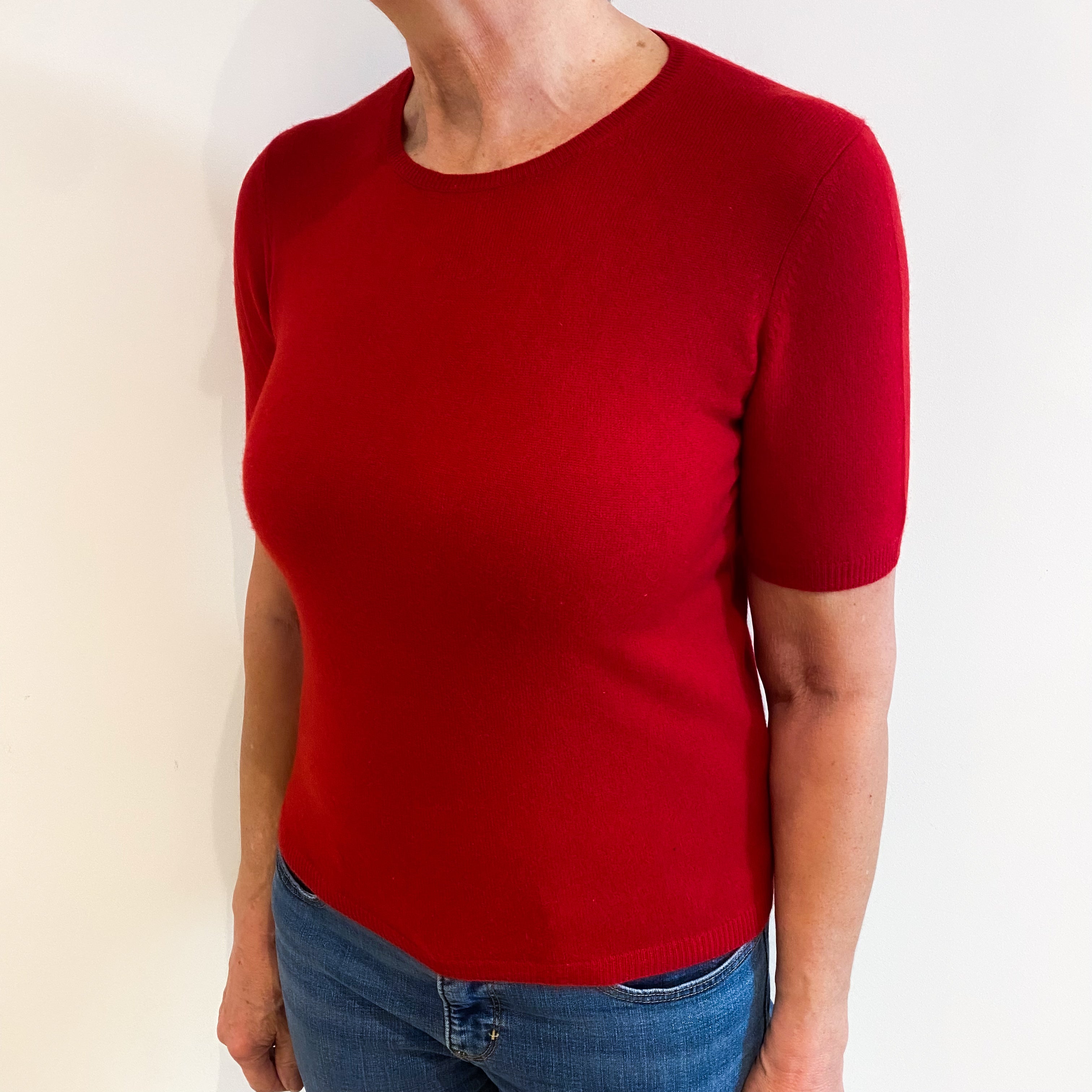 Post Box Red Cashmere Short Sleeved Crew Neck Jumper Medium