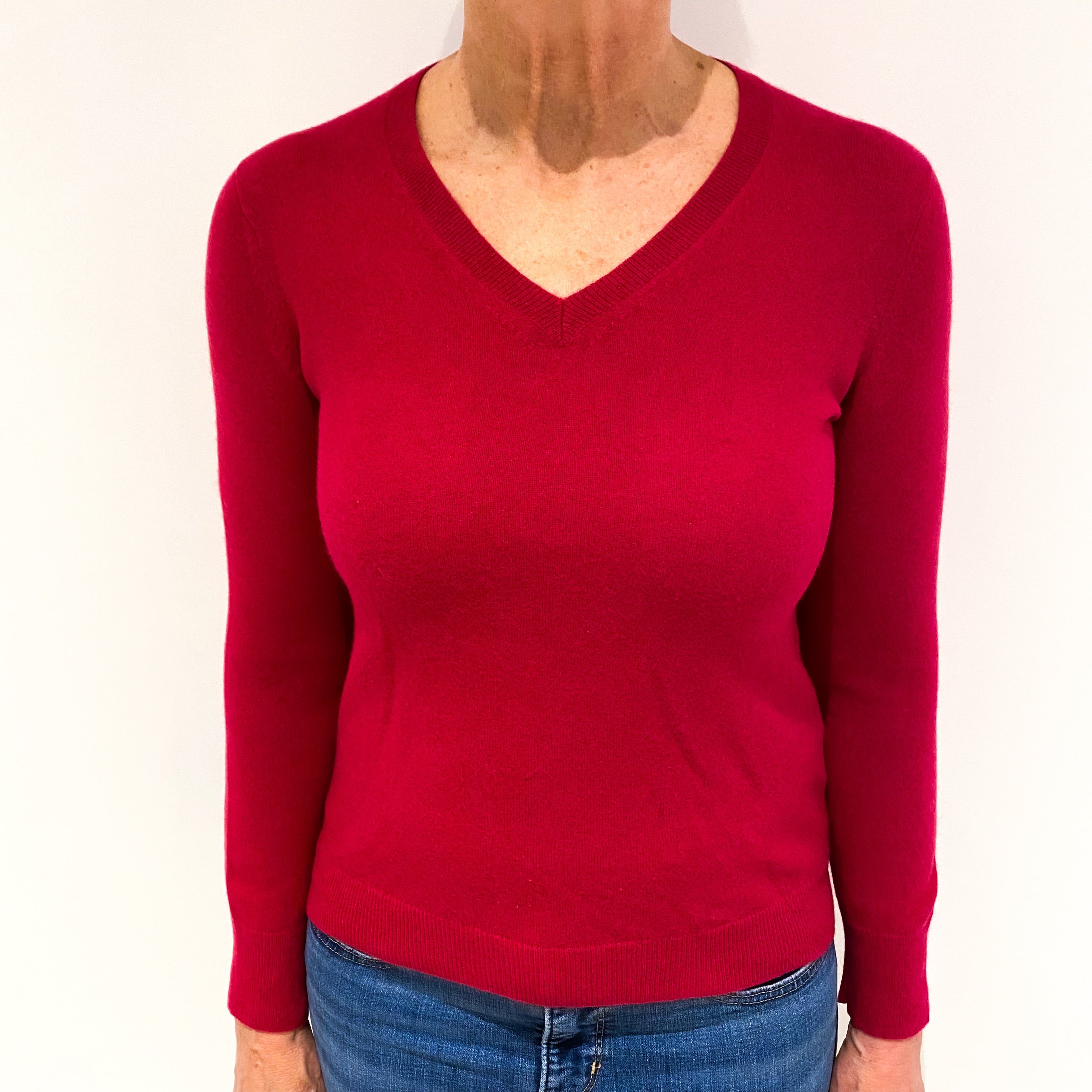 Cherry Red Cashmere V Neck Jumper Medium