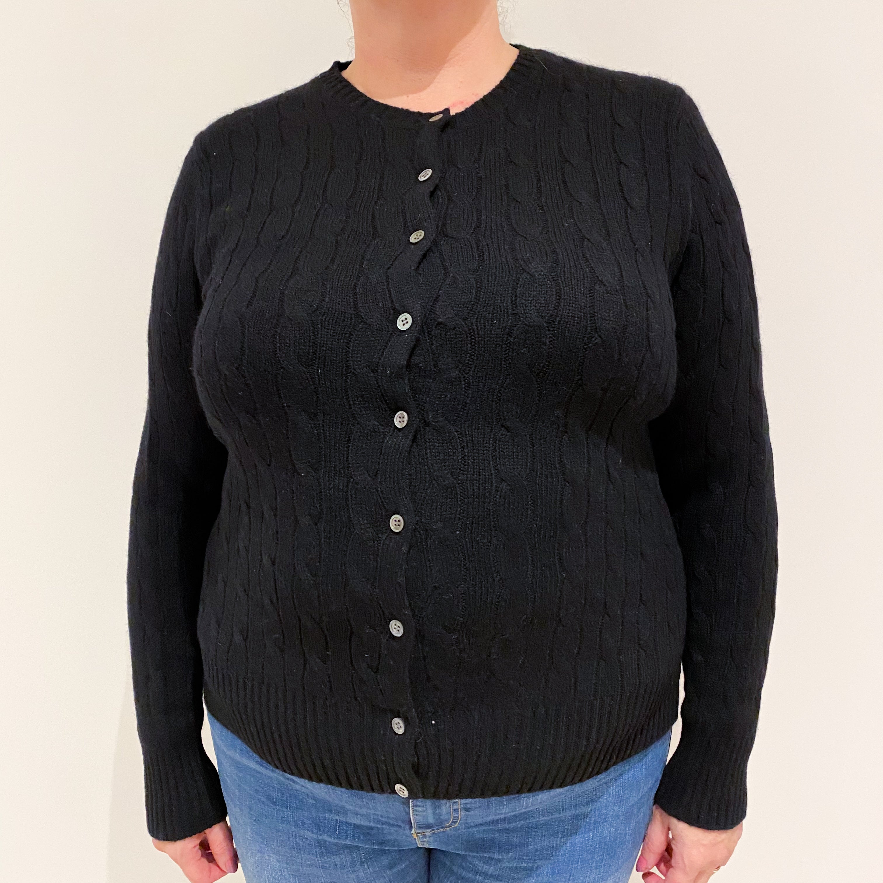 Black Cable Knit Cashmere Crew Neck Cardigan Extra Large