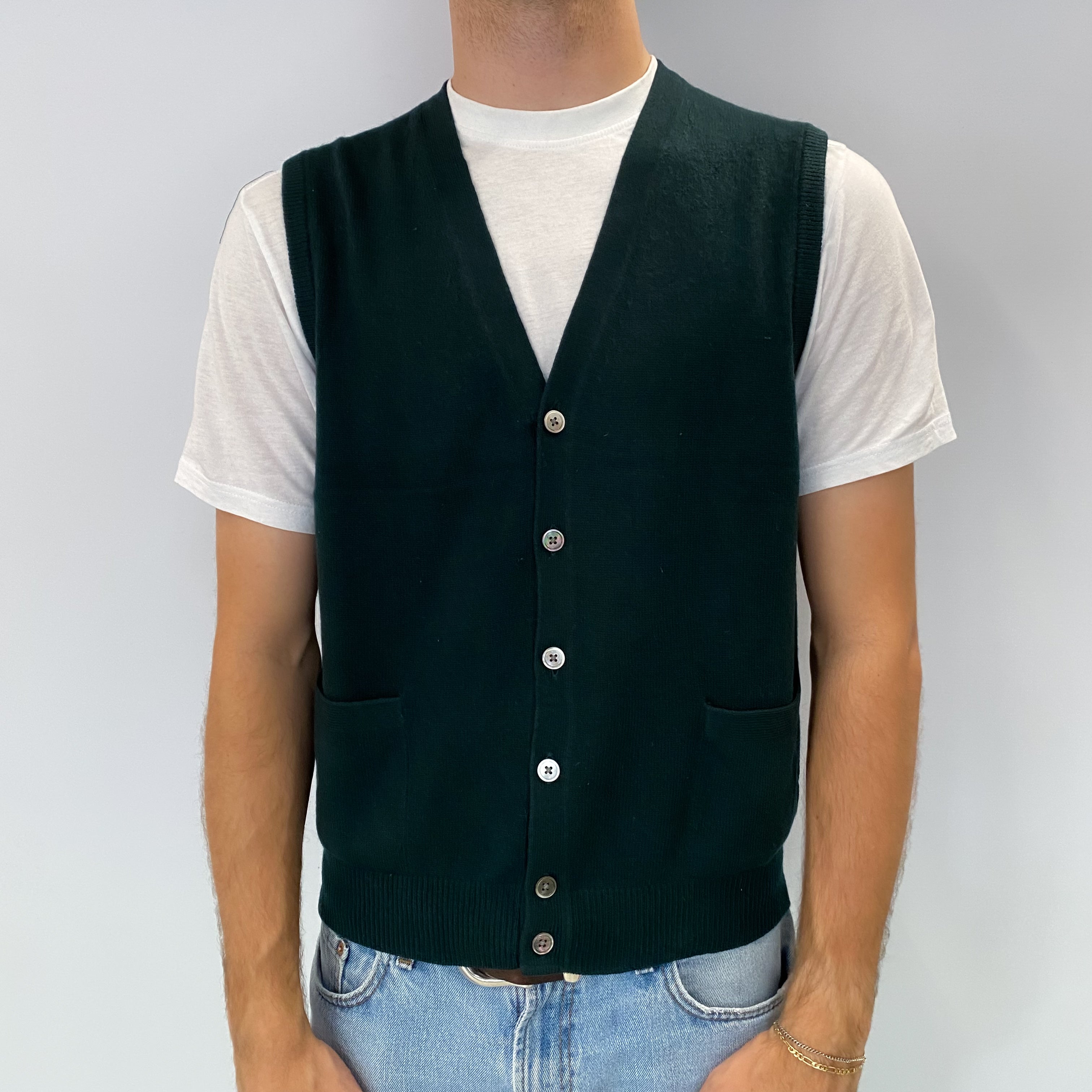 Men's Bottle Green Cashmere V Neck Sleeveless Cardigan Medium
