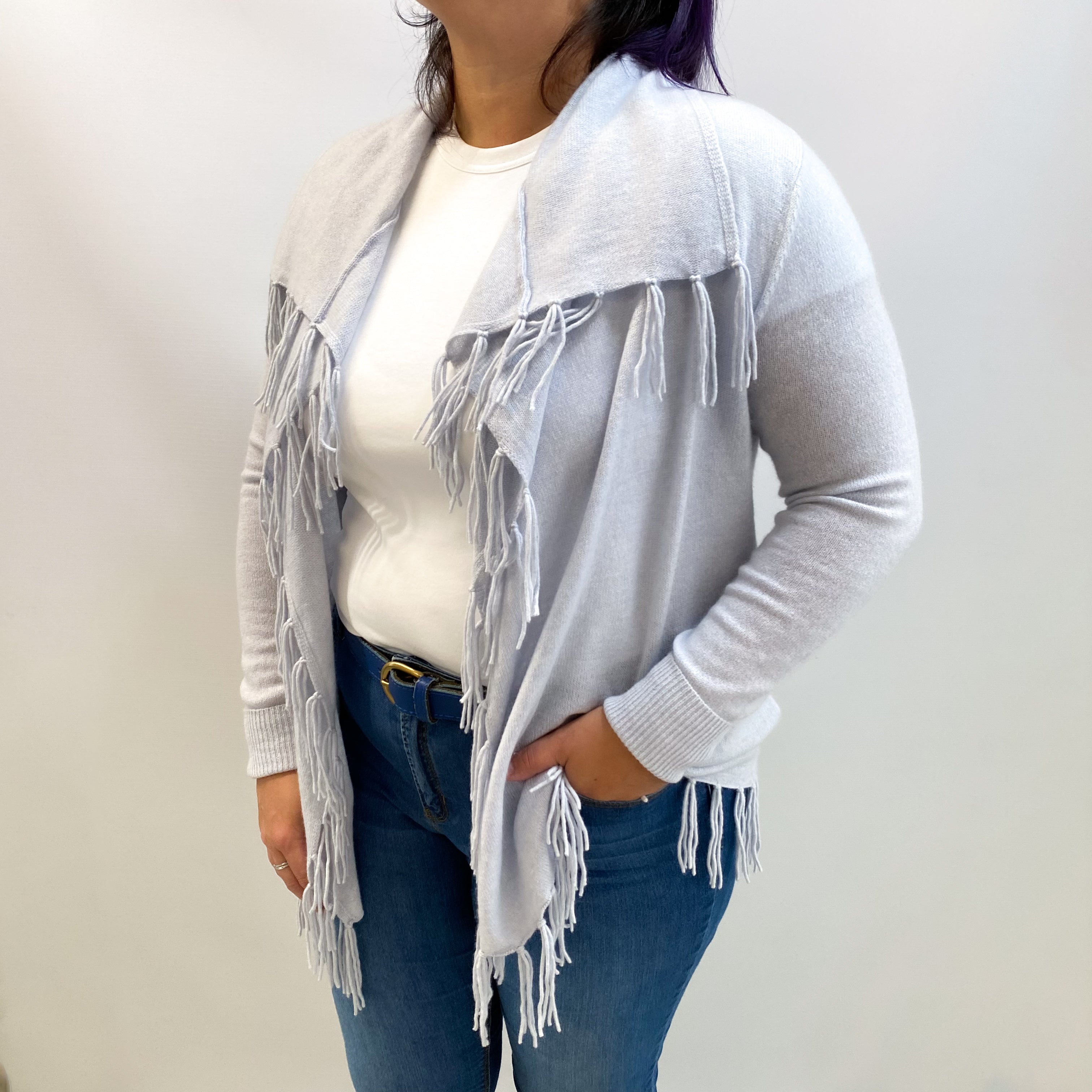 Ice Blue Cashmere Waterfall Edge Fringed Cardigan Large