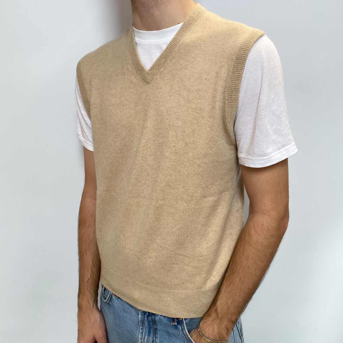 Men's Sand Beige Cashmere V Neck Tank Top Large