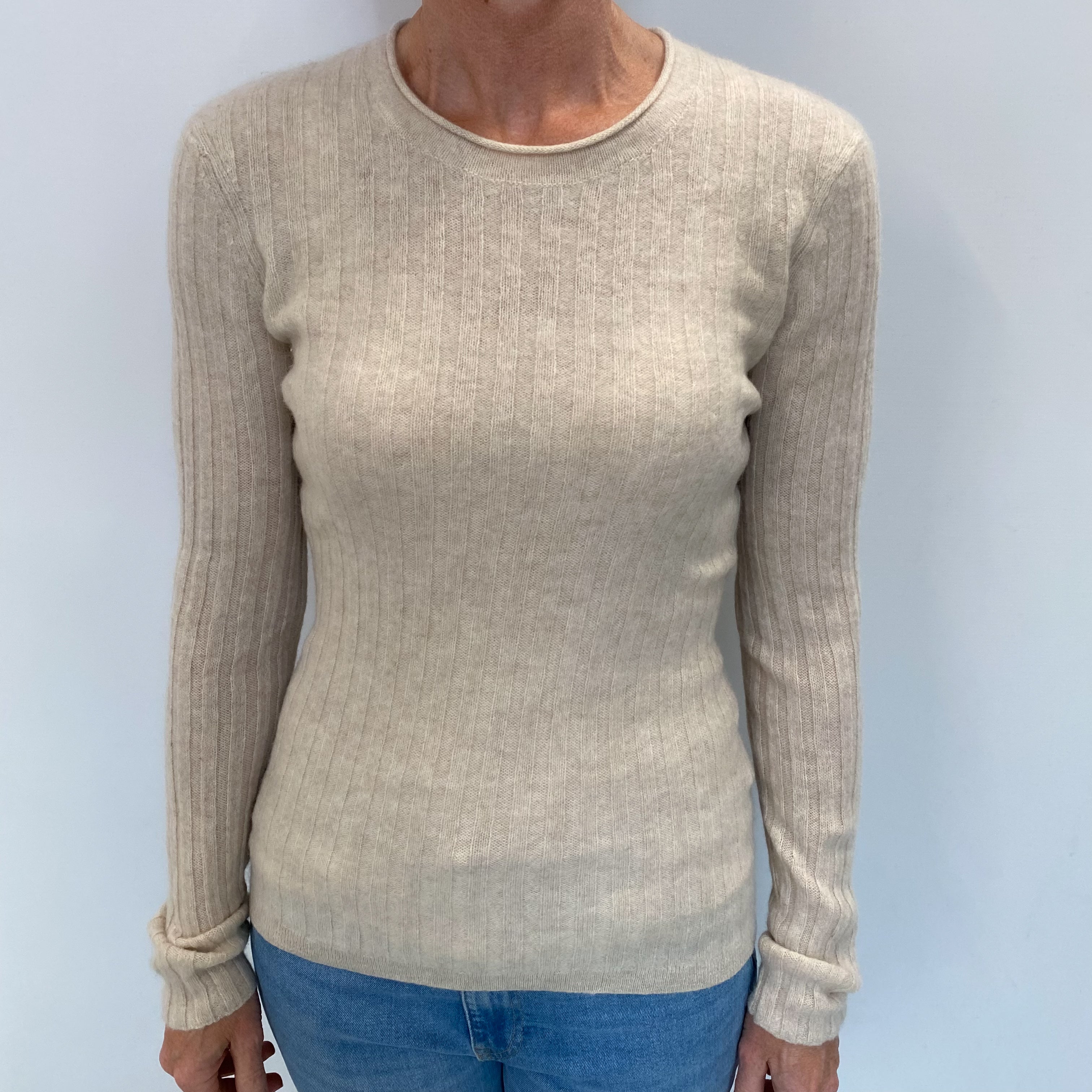 Oatmeal Beige Cashmere Crew Neck Jumper Small
