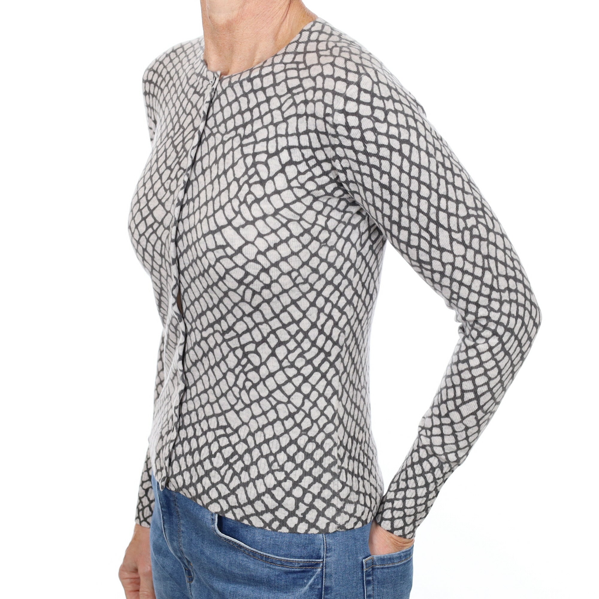 New Grey Patterned Cashmere Crew Neck Cardigan Small