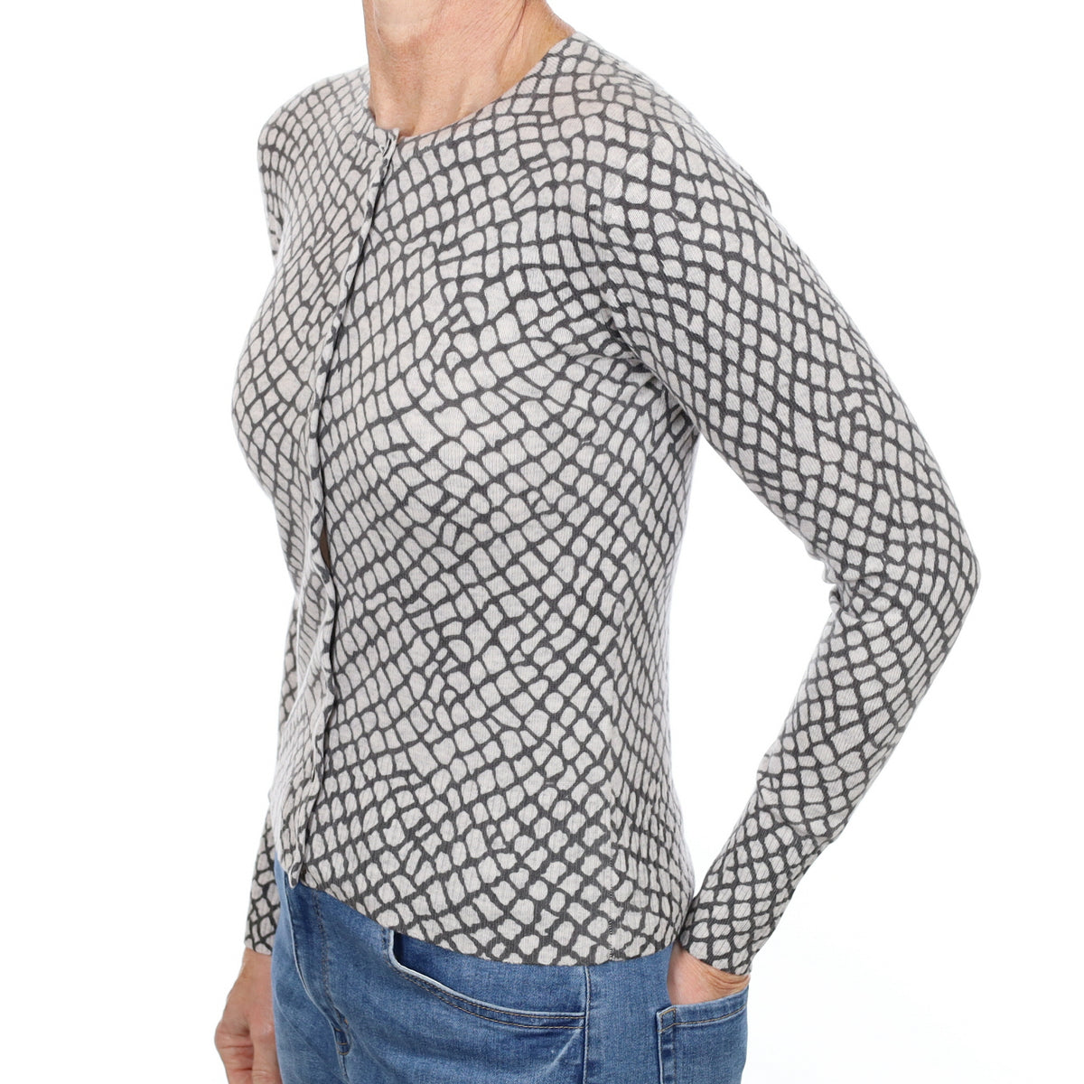 New Grey Patterned Cashmere Crew Neck Cardigan Small