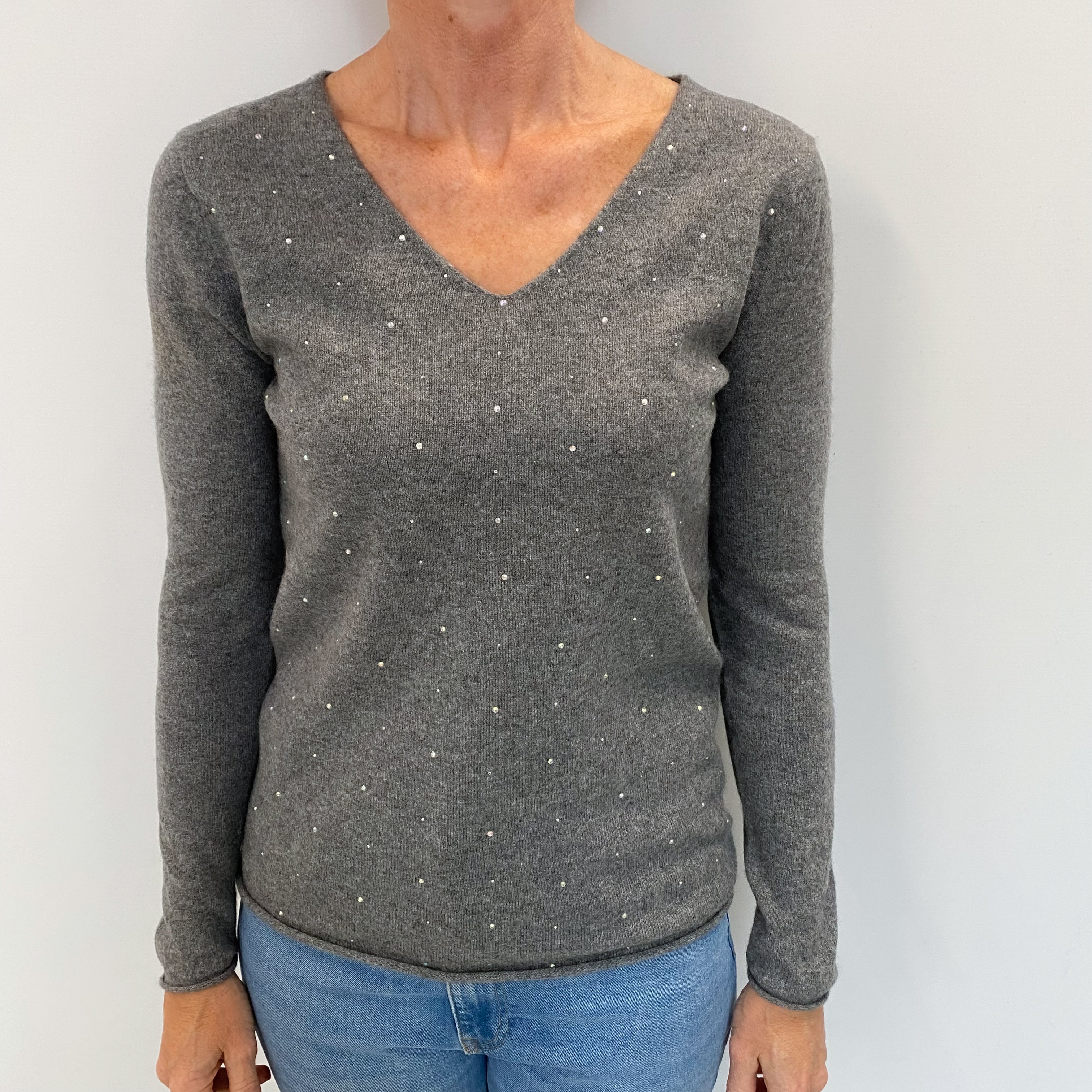 Ash Grey Diamanté Cashmere V Neck Jumper Small