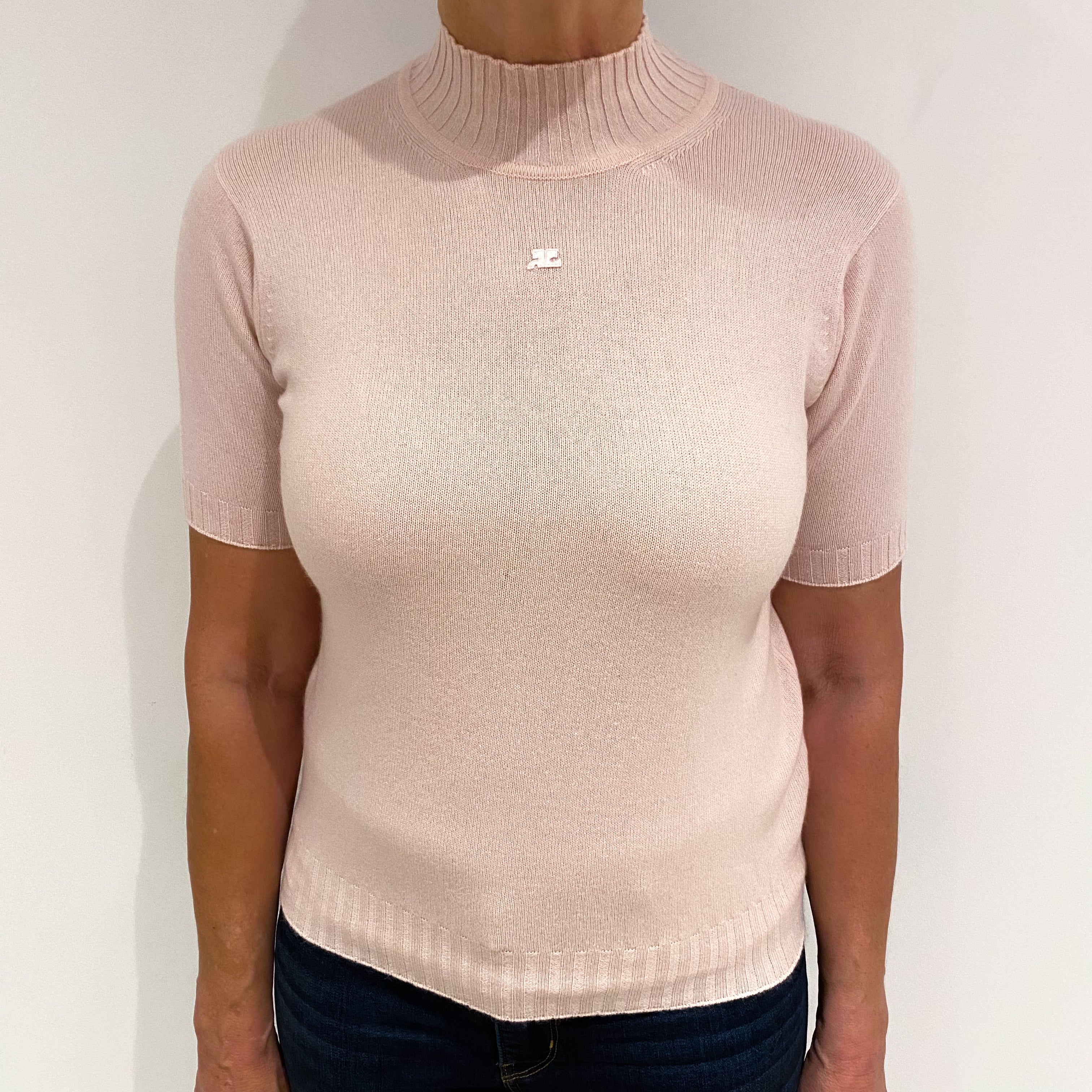 Pale Pink Cashmere Short Sleeve Turtle Neck Jumper Medium