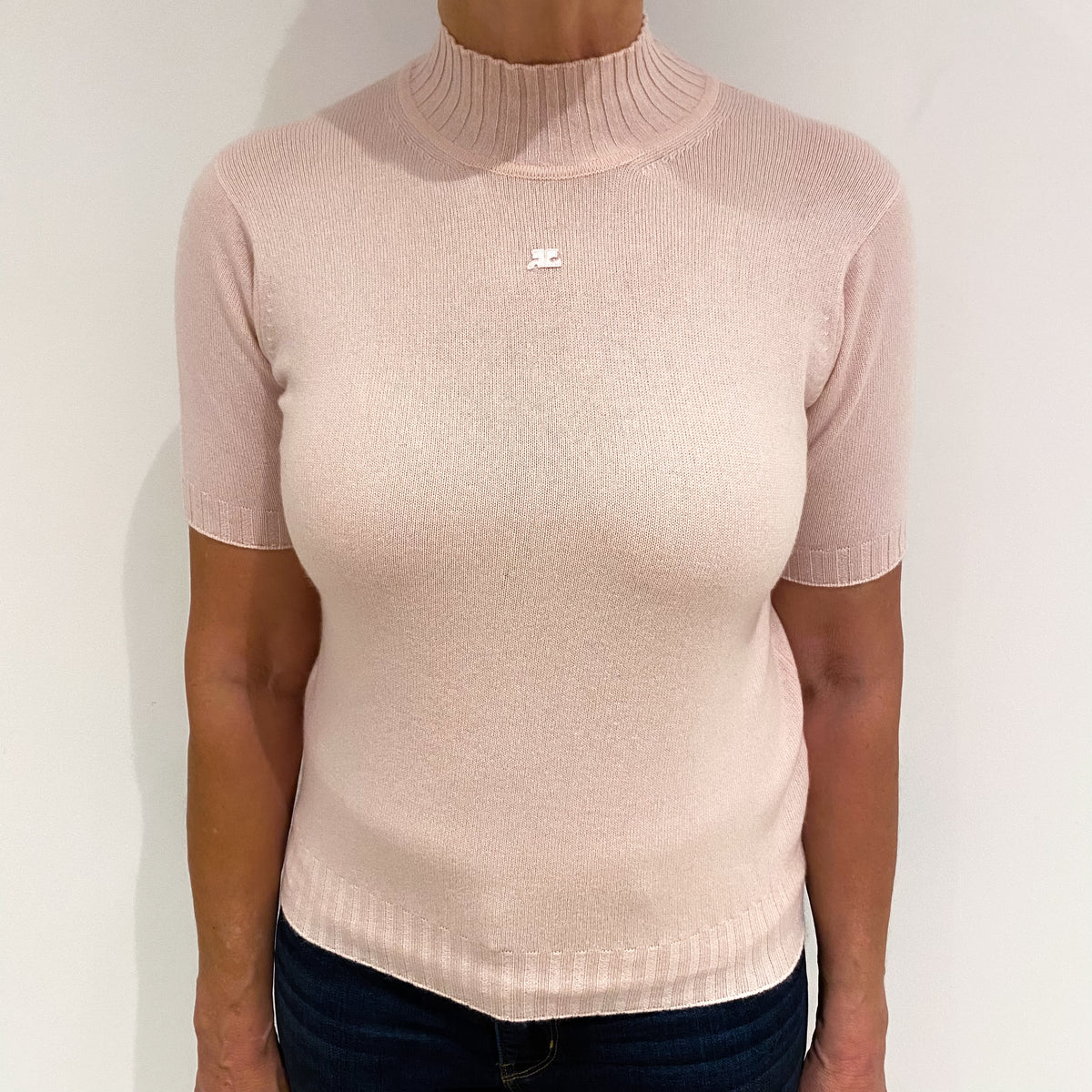Pale Pink Cashmere Short Sleeve Turtle Neck Jumper Medium