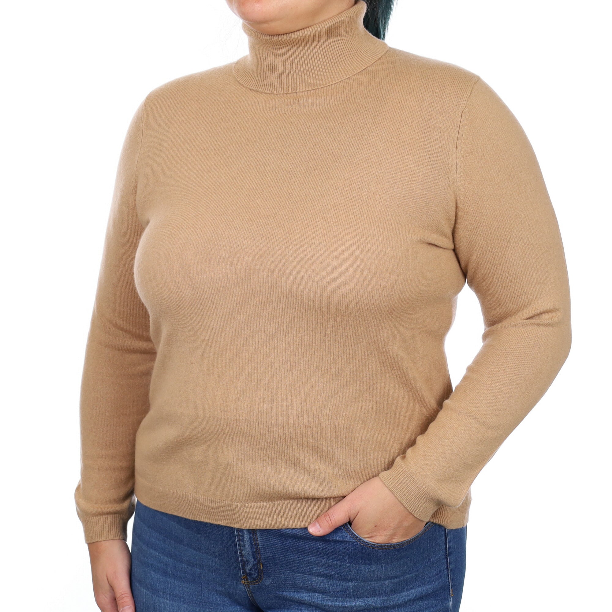 Camel Brown Cashmere Polo Neck Jumper Large