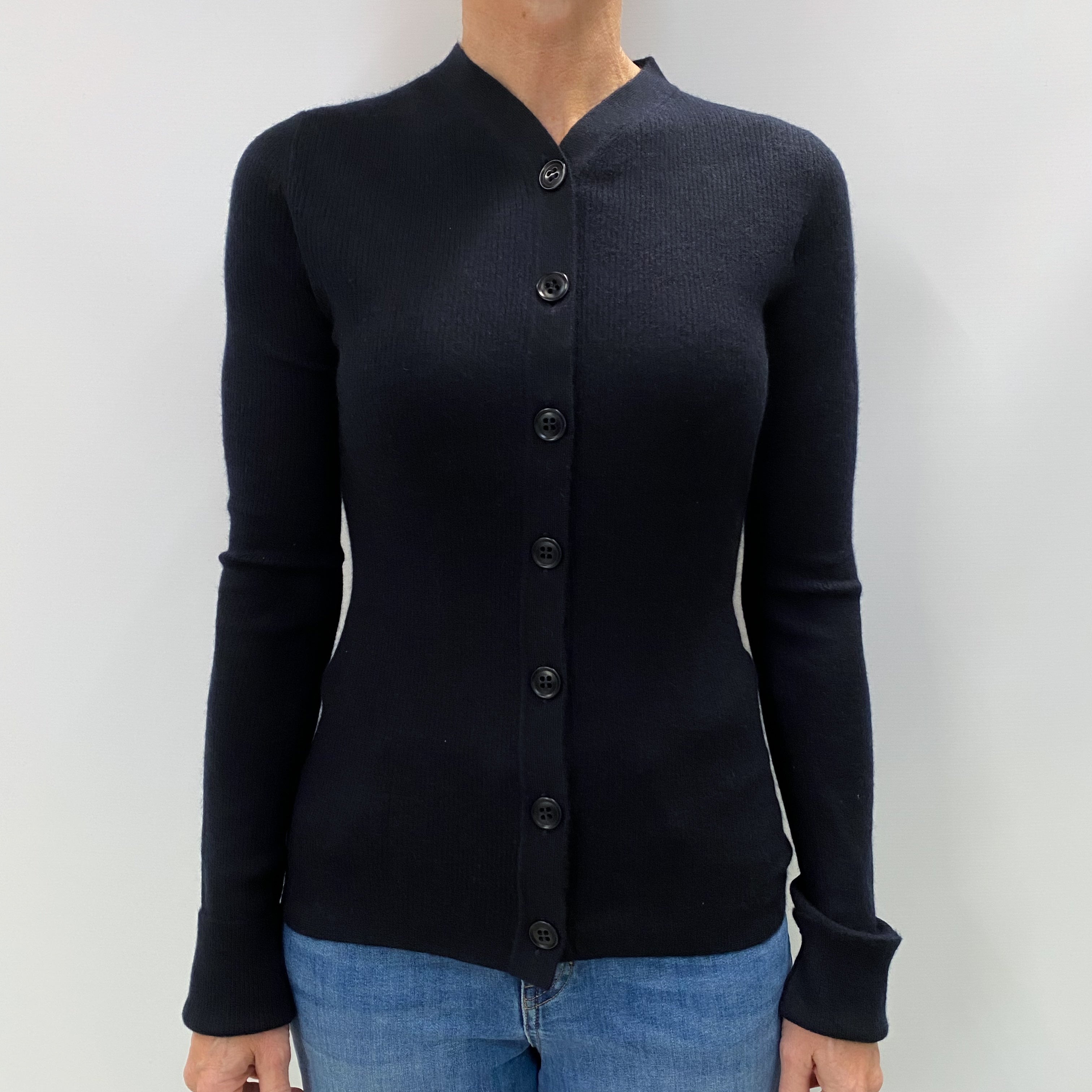 Navy Blue Cashmere High V Neck Cardigan Small