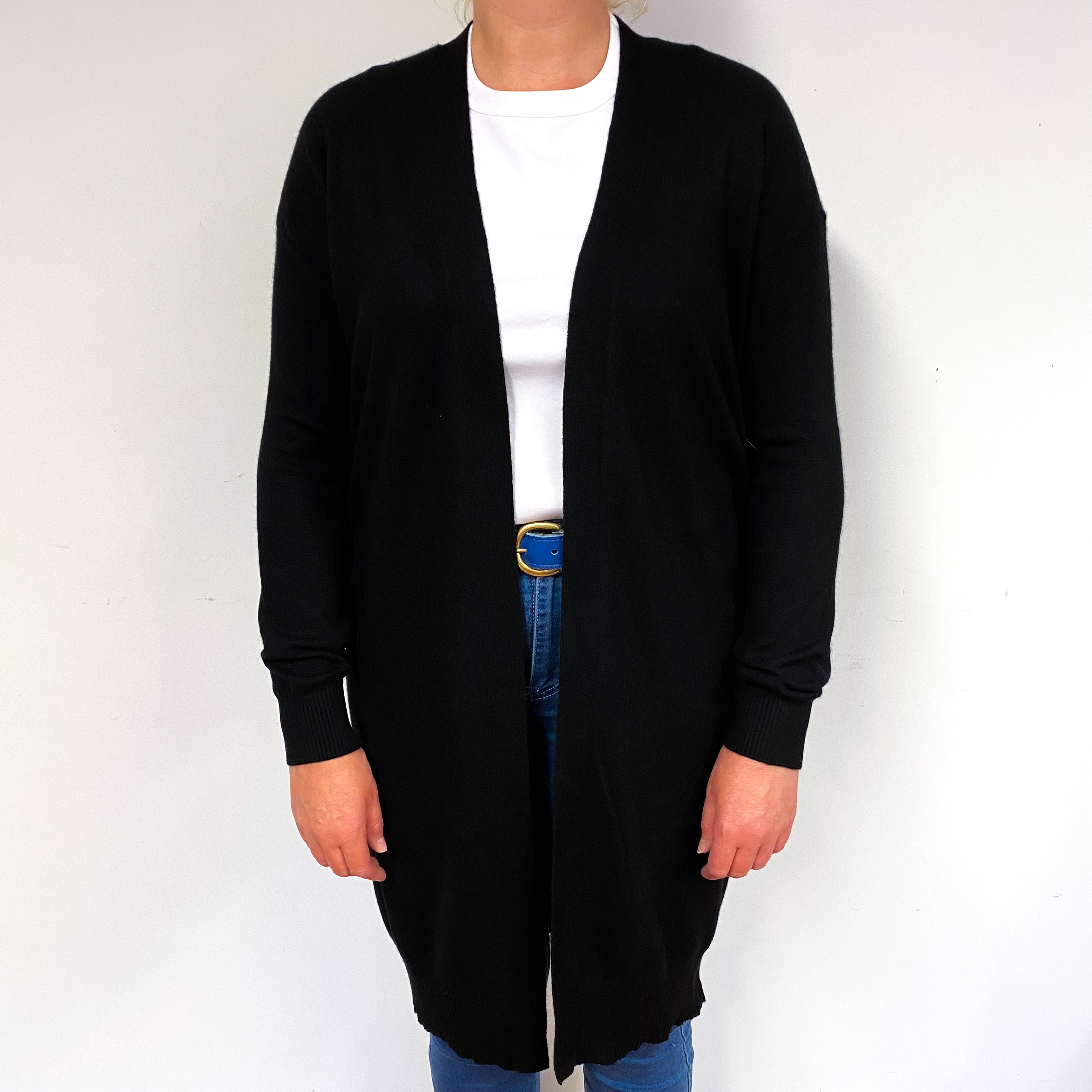 Black Longline Cashmere Edge to Edge Cardigan Large