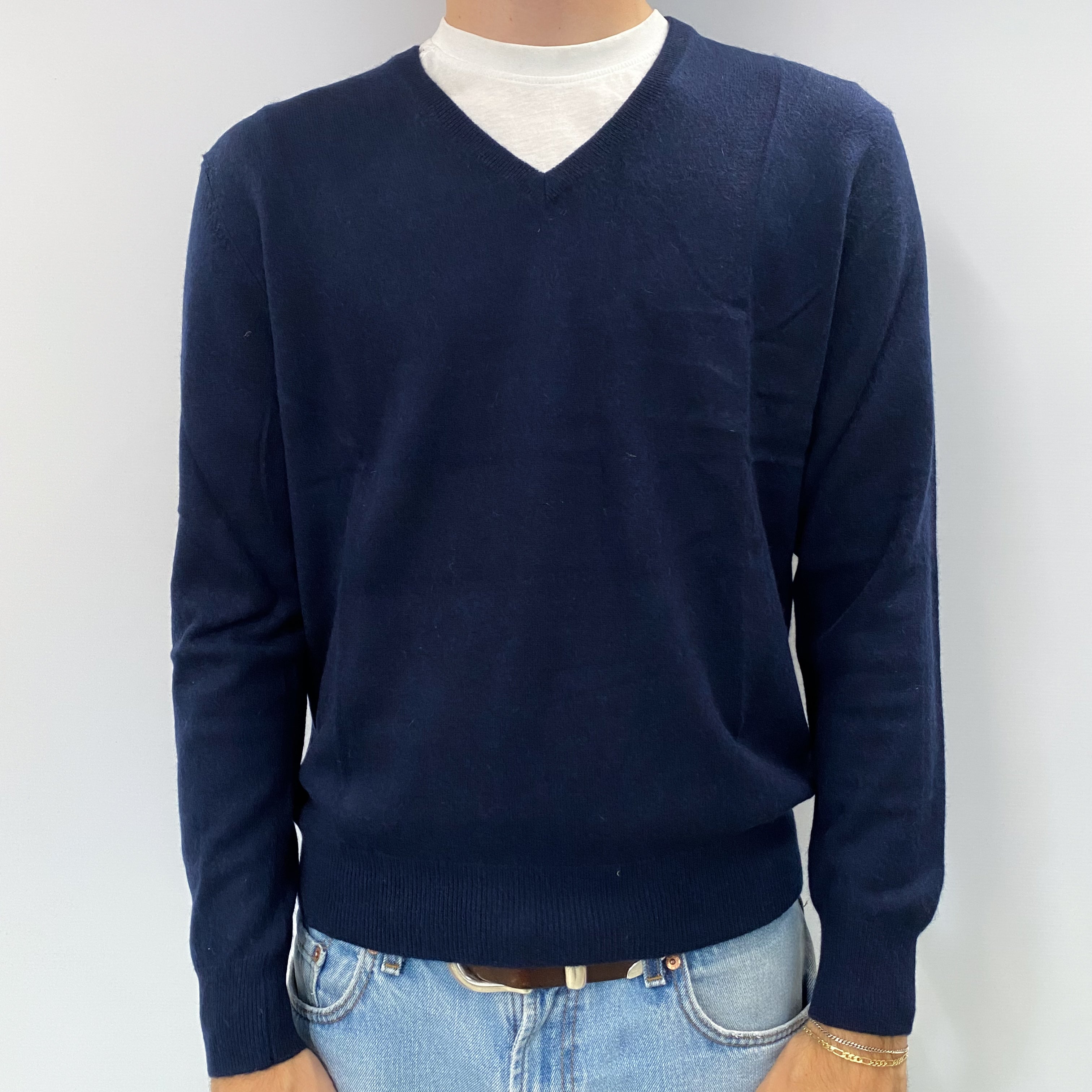 Men's Navy Blue Cashmere V Neck Jumper Large