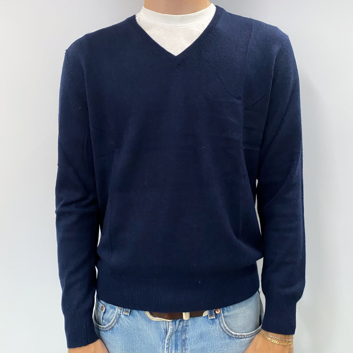 Men's Navy Blue Cashmere V Neck Jumper Large