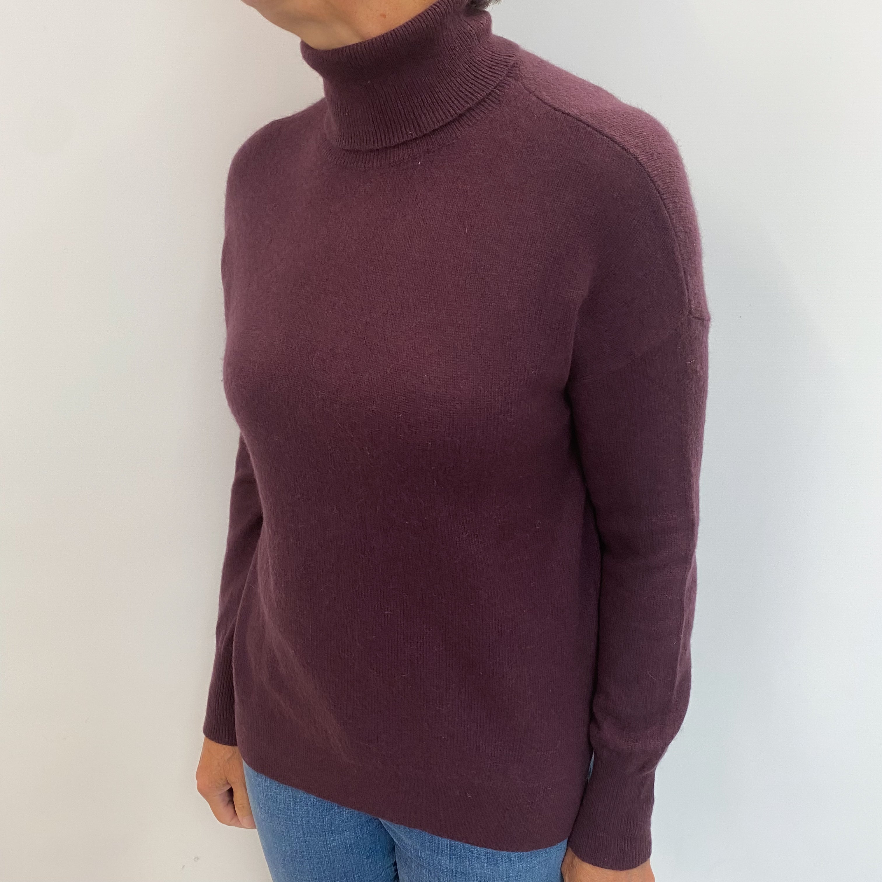 Aubergine Purple Cashmere Polo Neck Jumper Medium