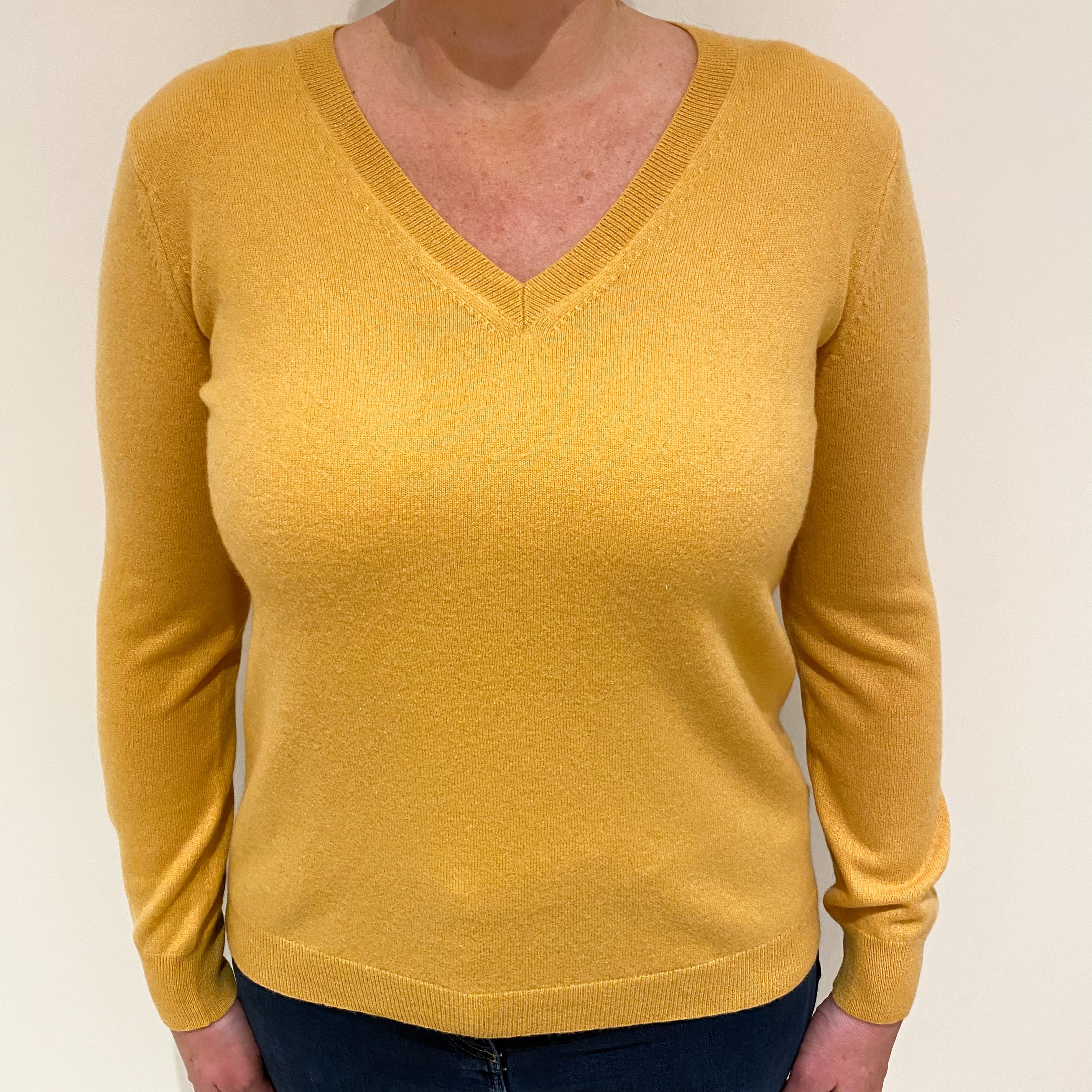 Mustard Yellow Cashmere V-Neck Jumper Large