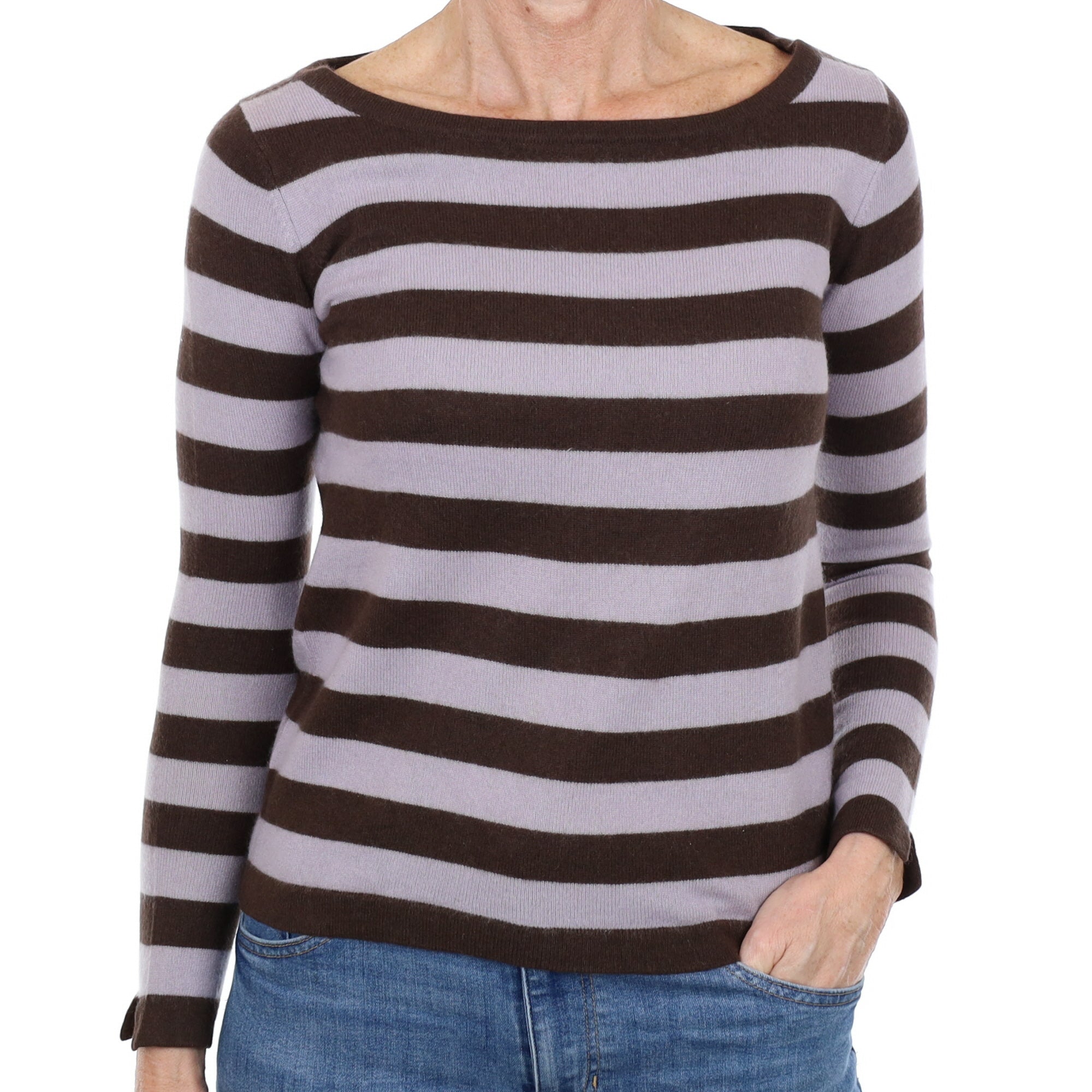 Thistle Purple and Brown Striped Cashmere Crew Neck Jumper Small