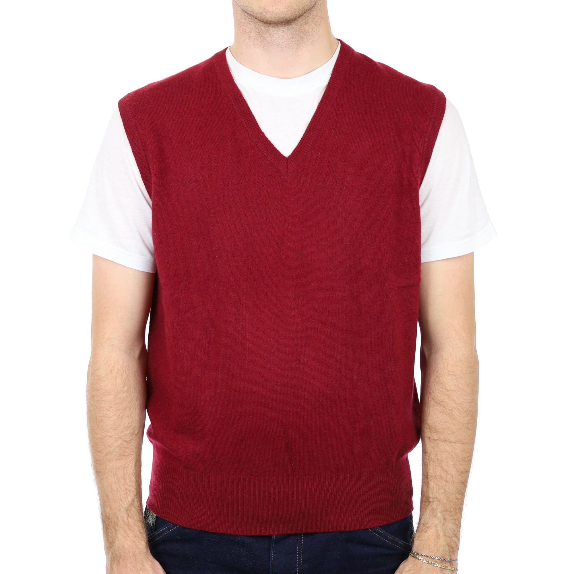 Men's Burgundy Red Cashmere V Neck Tank Top Large