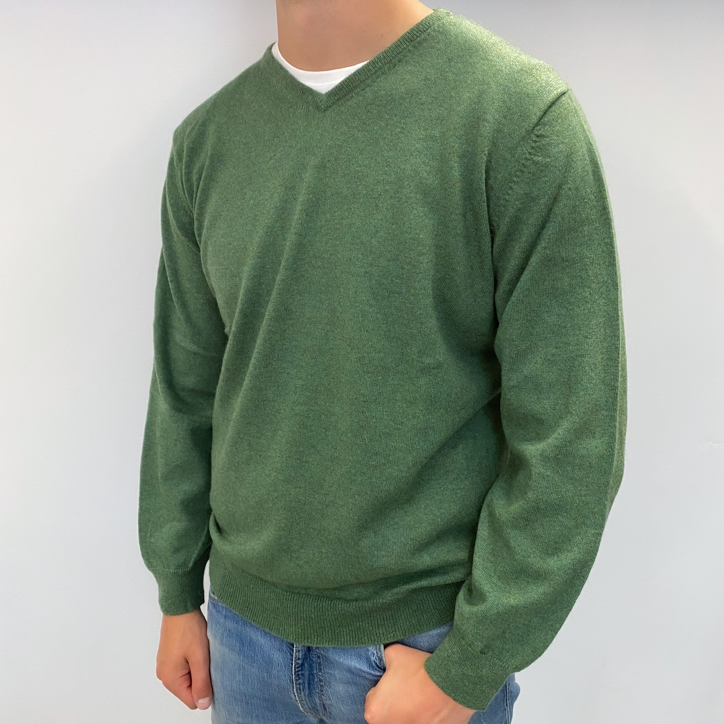 Men's Lincoln Green Marl Cashmere V Neck Jumper XXL