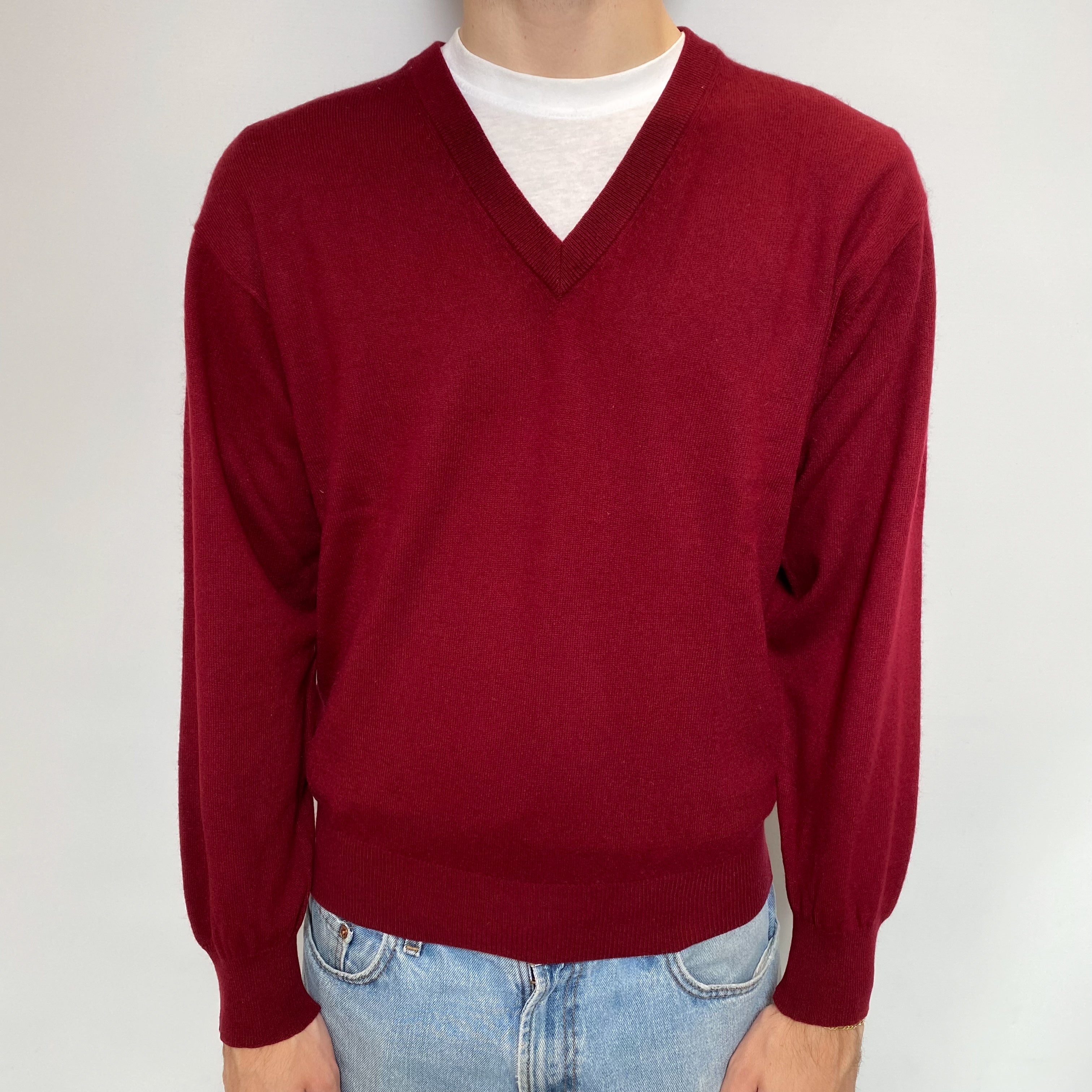Men's Burgundy Red Cashmere V Neck Jumper Large
