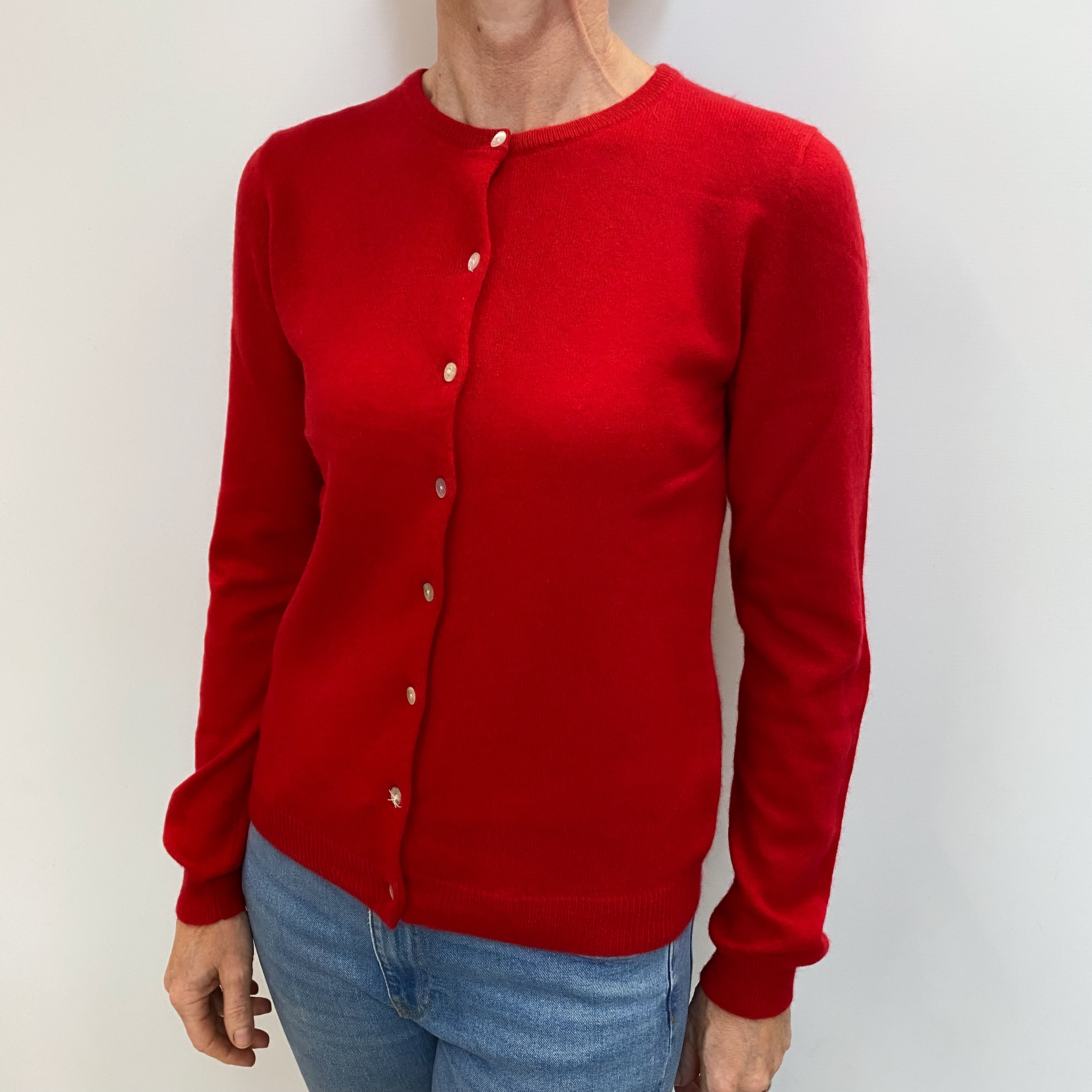 Scarlet Red Cashmere Crew Neck Cardigan Small