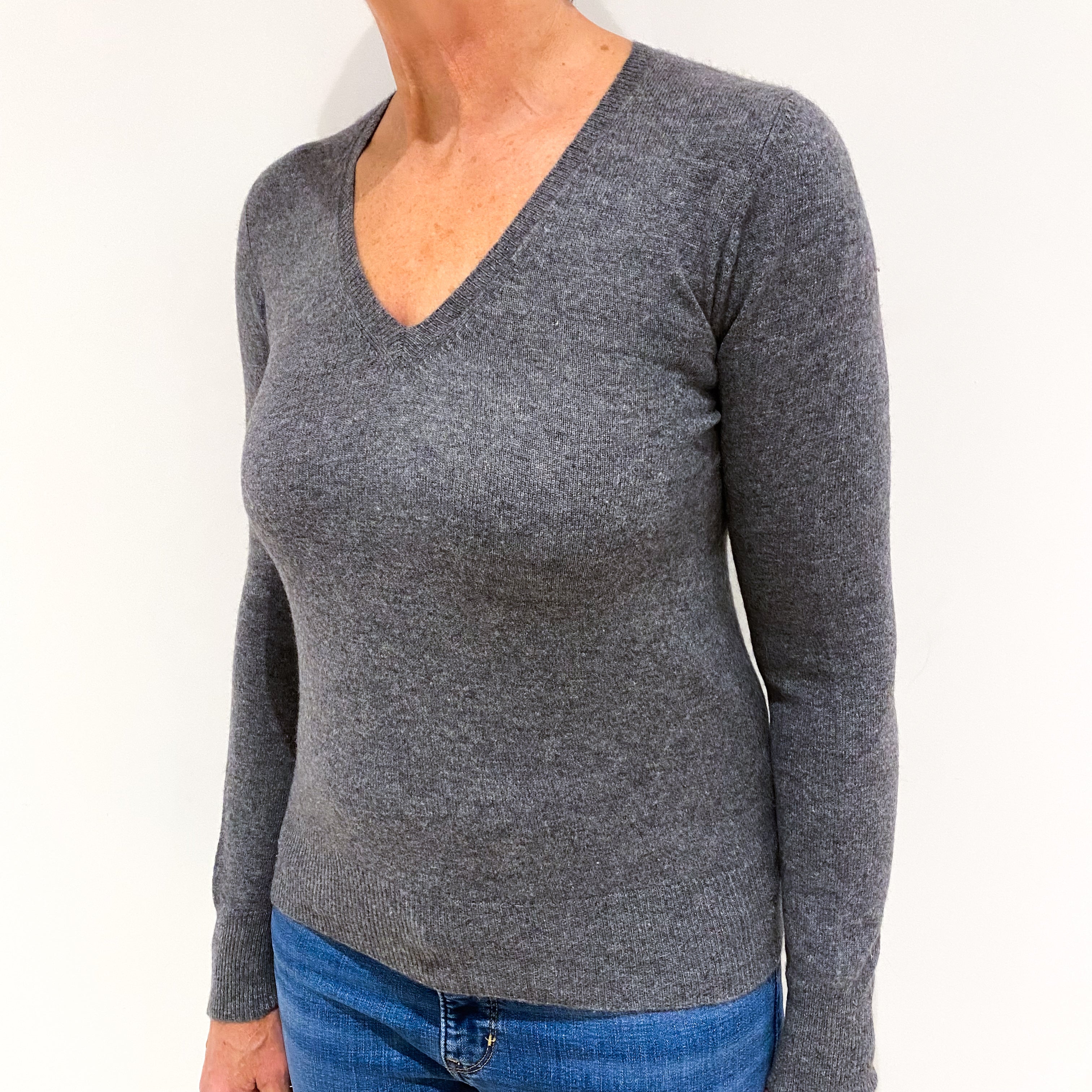 Ash Grey Cashmere V Neck Jumper Medium