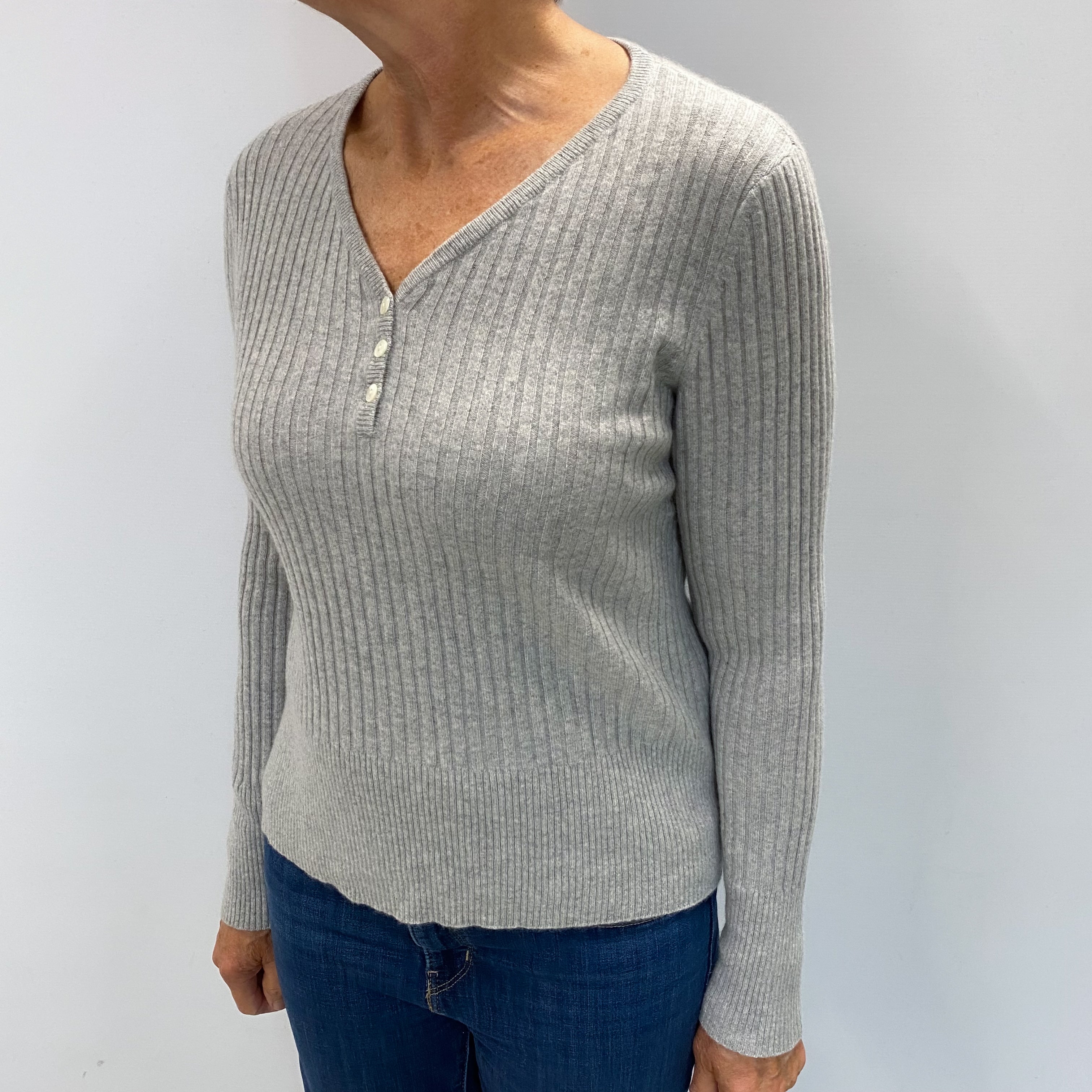 Smoke Grey Cashmere Buttoned V Neck Jumper Medium