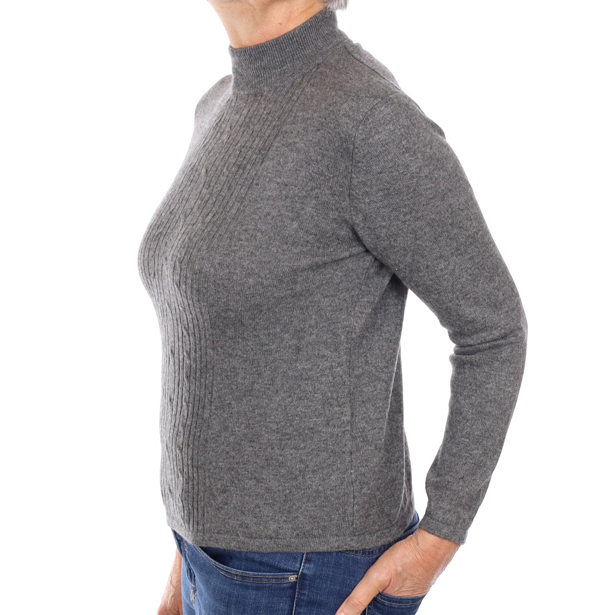 Slate Grey Cable Front Cashmere Turtle Neck Jumper Medium