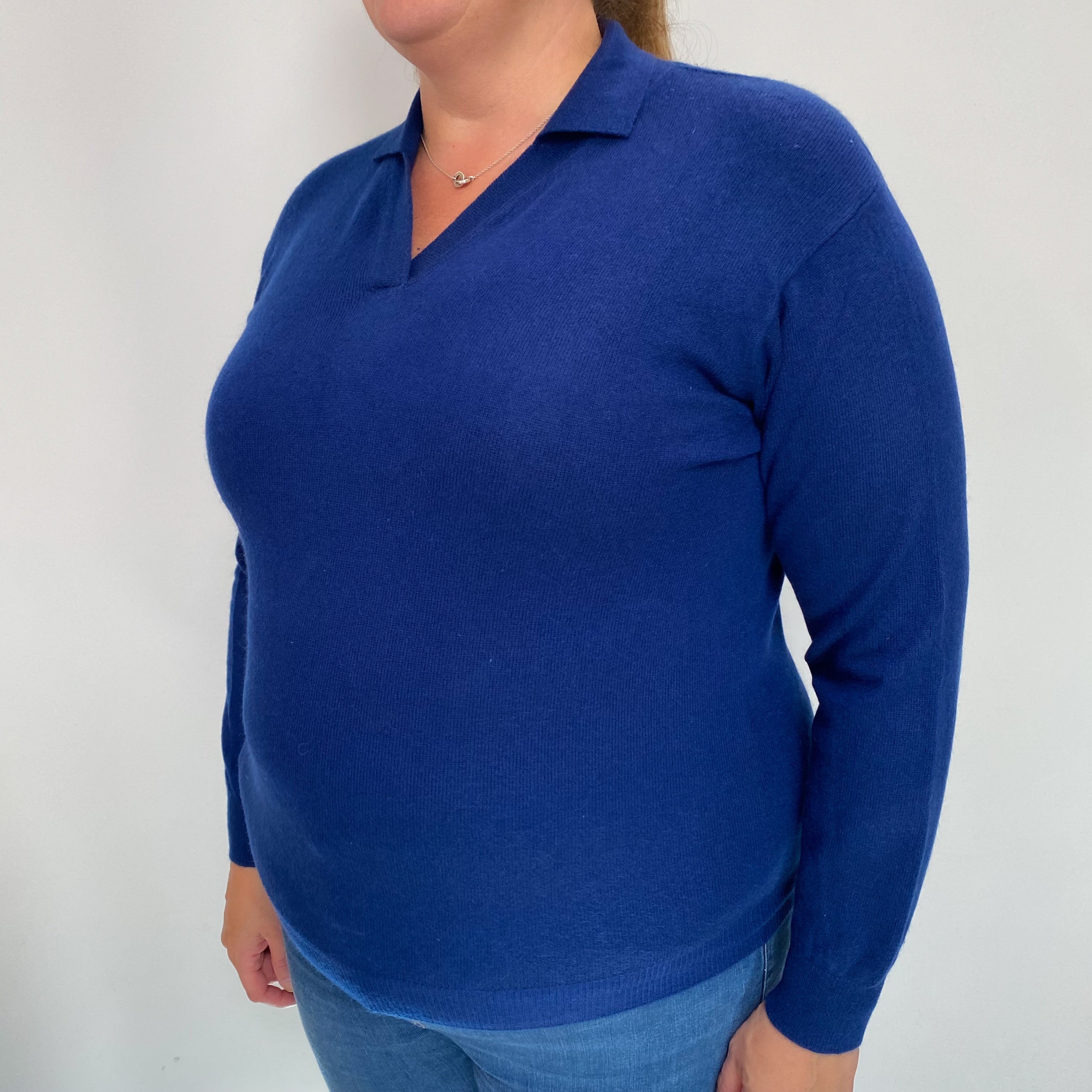 Navy Blue Cashmere Collared V Neck Jumper Extra Large