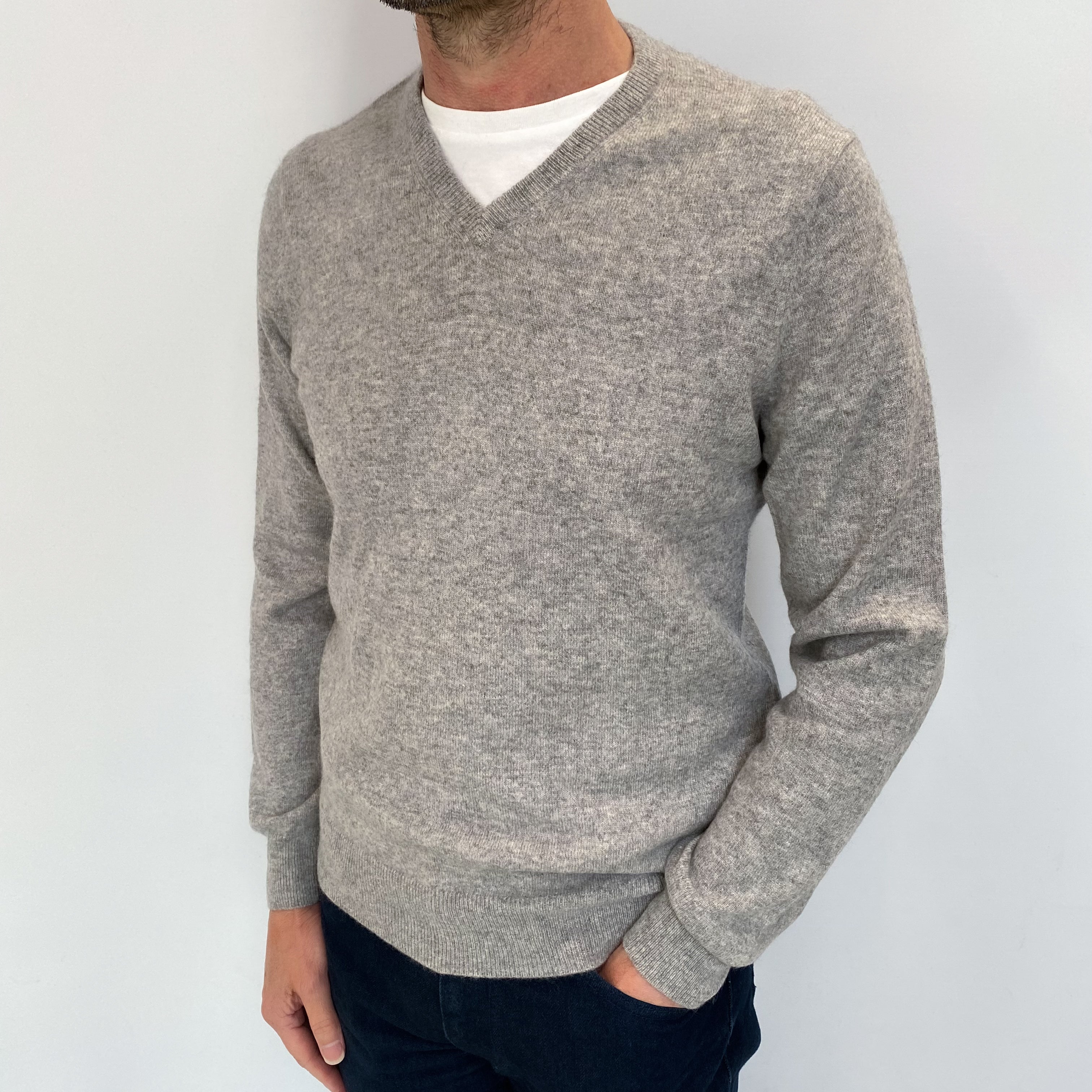 Men's Smoke Grey Cashmere V Neck Jumper Small