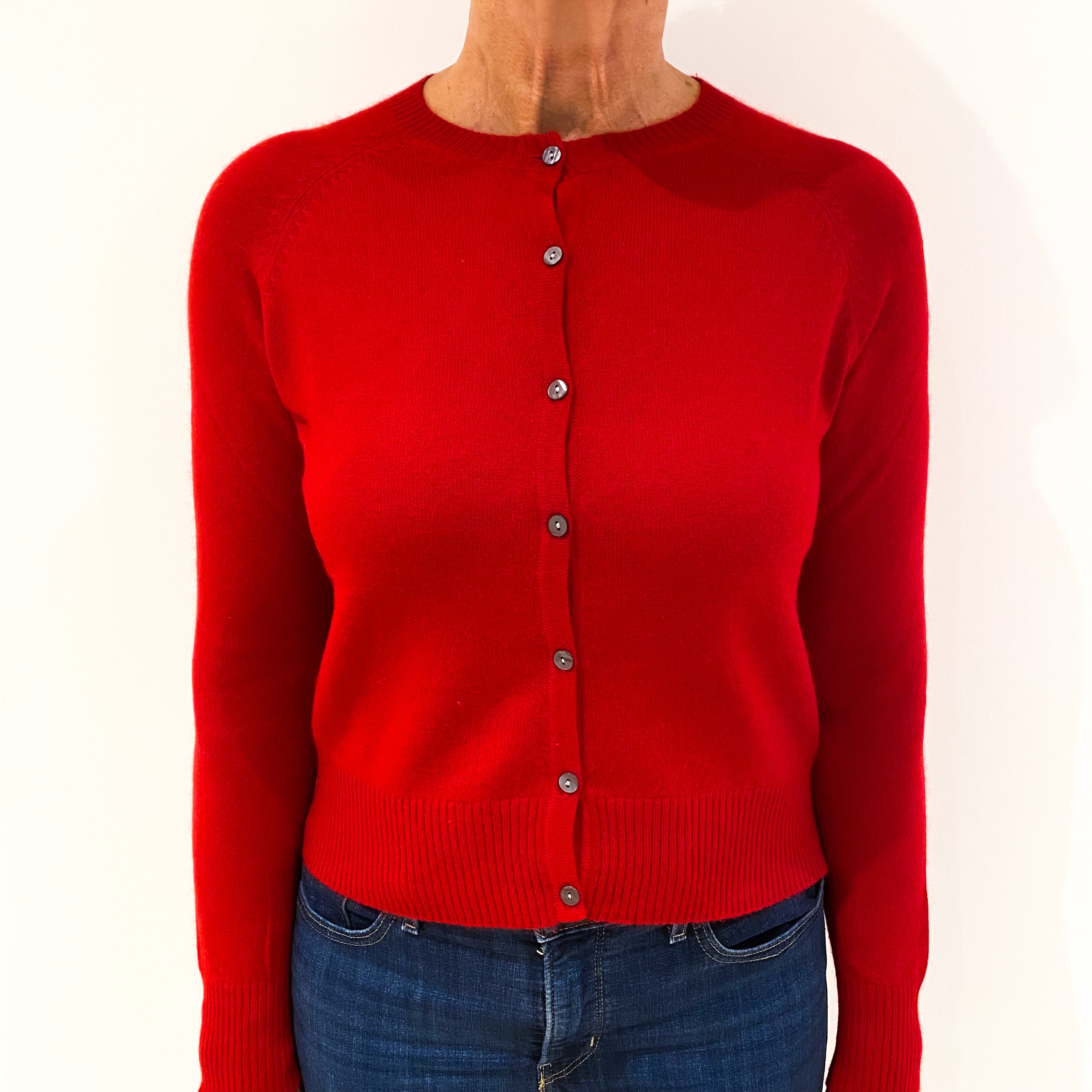Post Box Red Cashmere Crew Neck Cardigan Medium