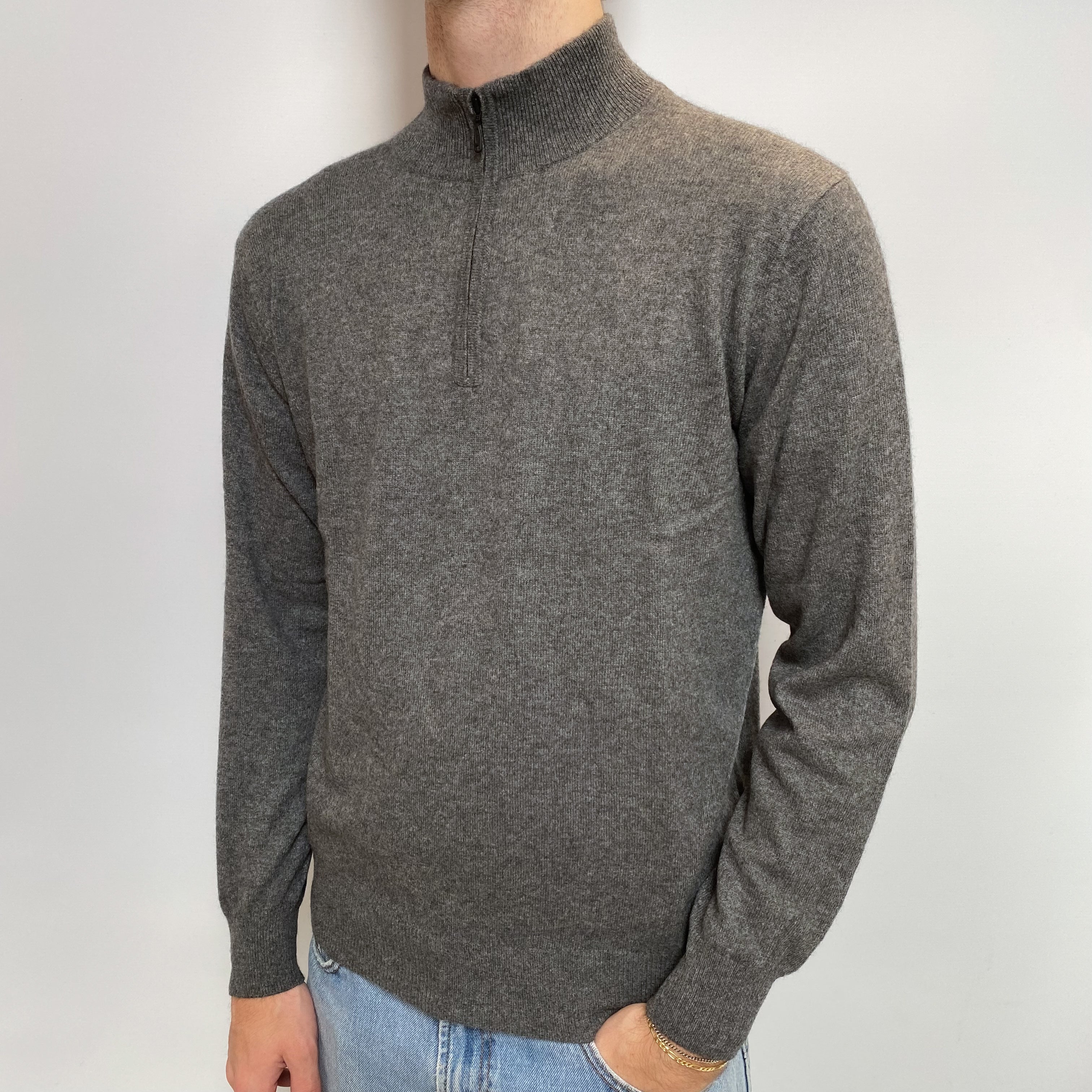 Men's Slate Grey Cashmere 1/4 Zip Front Jumper Large