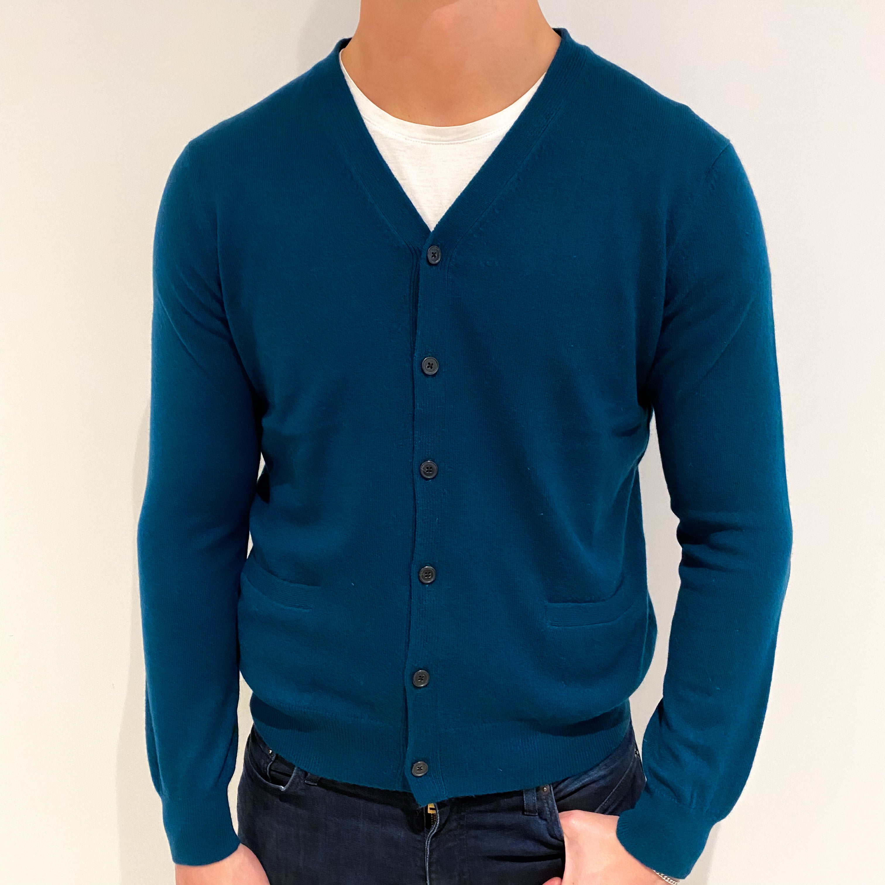 Men's Teal Green Cashmere V Neck Cardigan XL